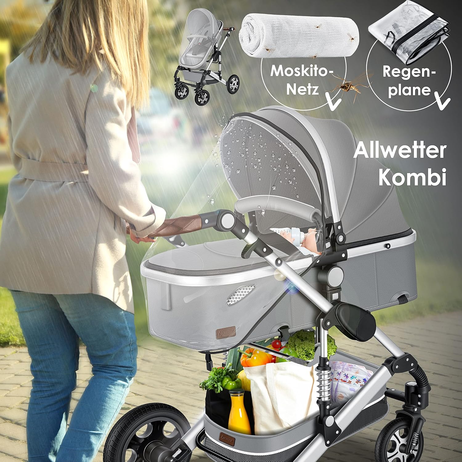 KESSER® Loops 3 in 1 Kinderwagen Kombikinderwagen Komplett-Set inkl. Babywanne & Buggy Sportsitz & Auto-Babyschale Voll-Gummireifen Wickeltasche Regenschutz Kindertisch ECE R129, Grau/Silber