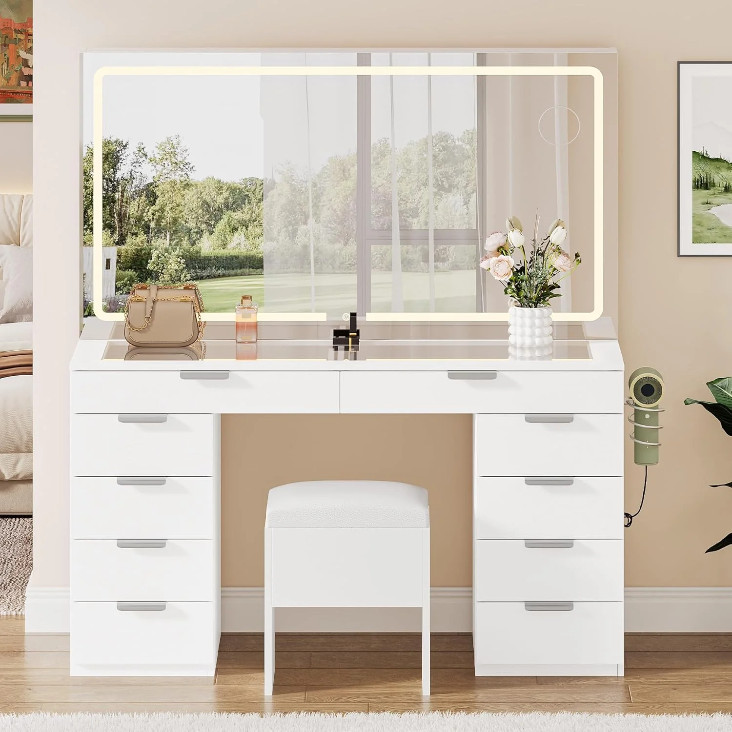YITAHOME Vanity Set with LED Mirror, 10 Drawers, Stool Included