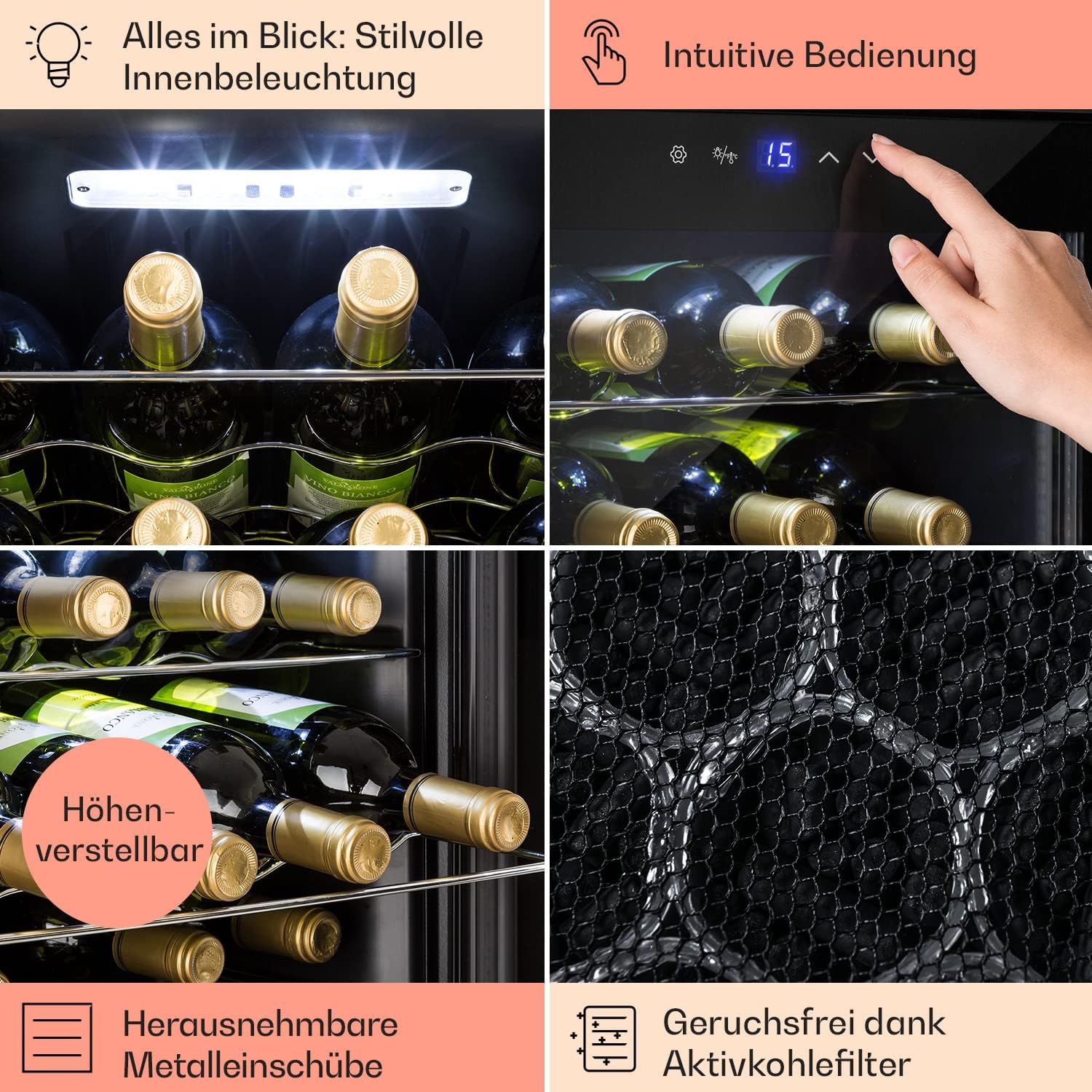 Klarstein Weinkühlschrank, 1 Zonen Getränkekühlschrank Klein, Kleiner Weinschrank 42L, Wein-Kühlschrank Klein mit Glastür, Indoor/Outdoor Flaschenkühlschrank, Wine Fridge 5-18°C, 16 Flaschen