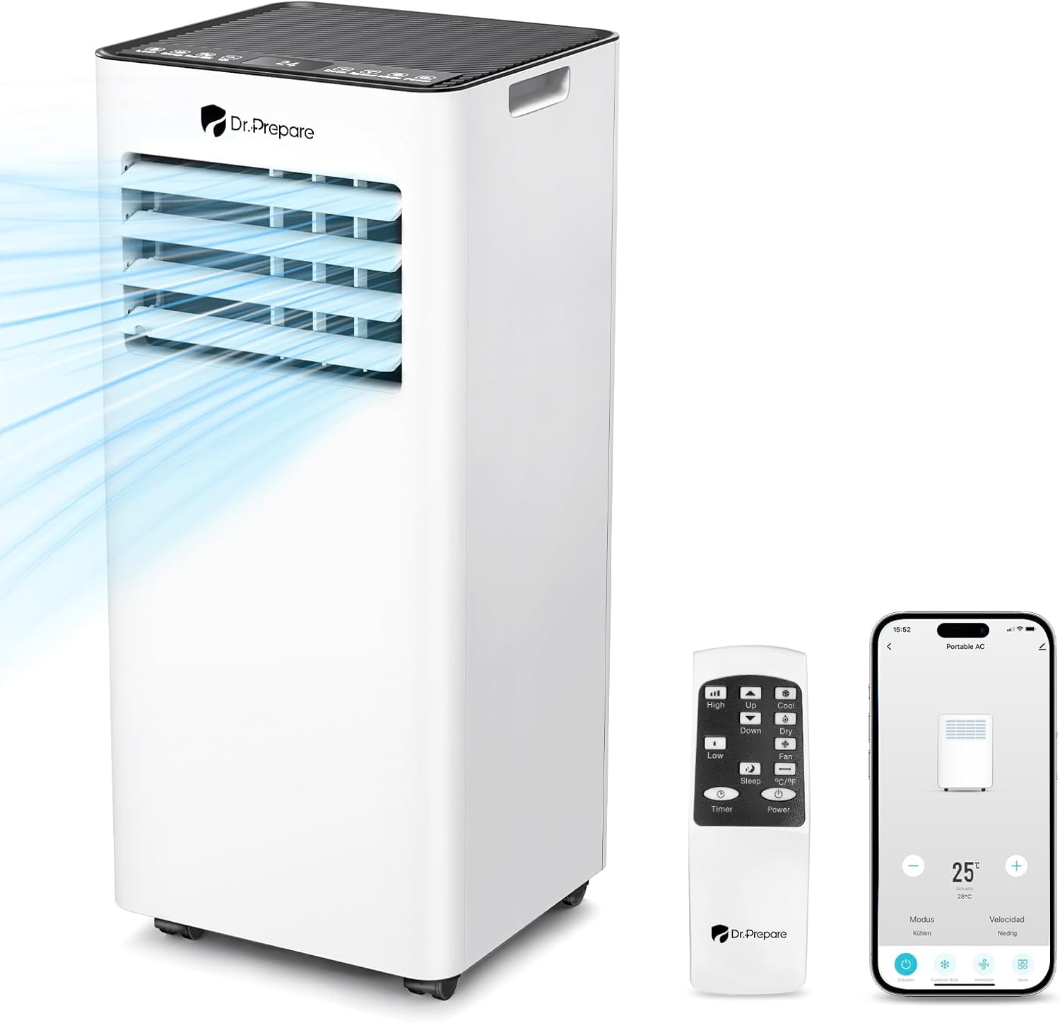 DR.PREPARE Mobiles Klimagerät 9000 BTU mit APP, 4 in 1 Mobile Klimaanlage mit Abluftschlauch, Kühlen&Ventilieren&Entfeuchten, Ventilator & Schlafmodus mit Fernbedienung, Kühlt bis zu 30m², 1-24H Timer