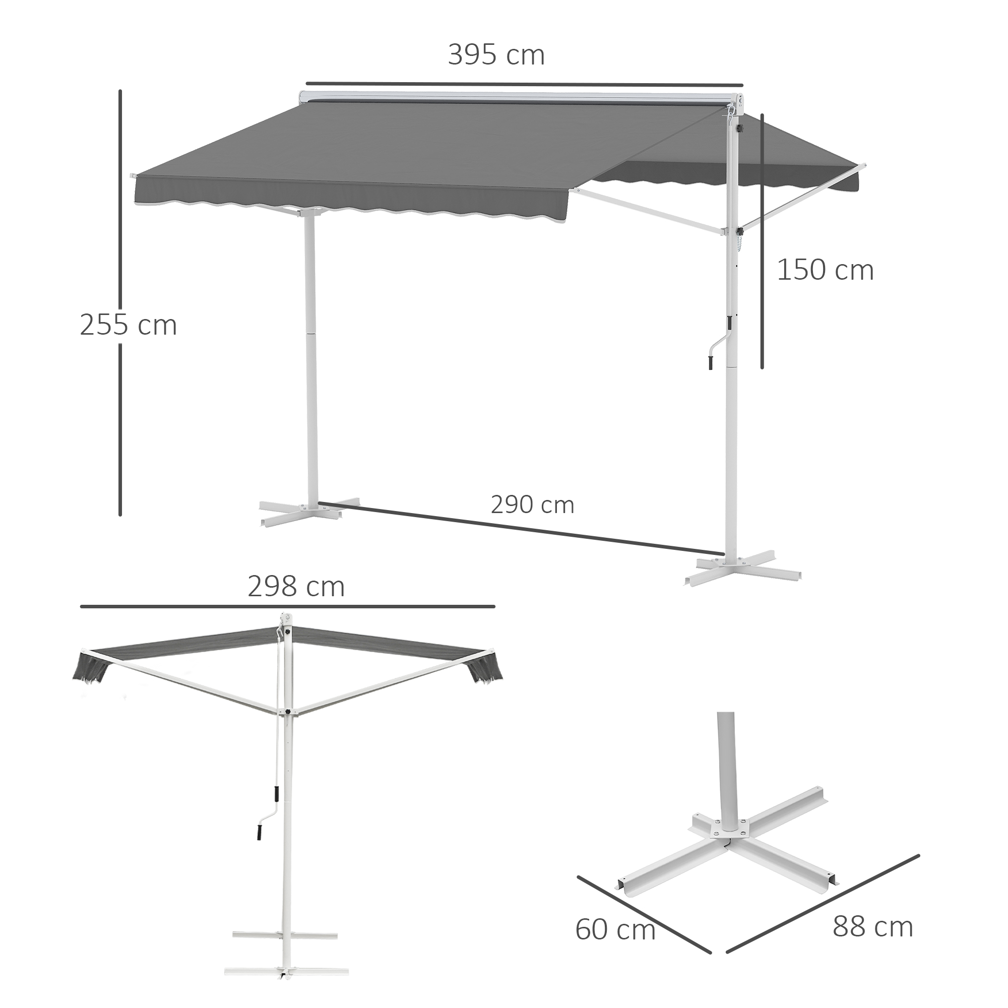 Outsunny Staande luifel met knikarm tuinluifel luifel zwengel grijs 3,95 x 2,94 m