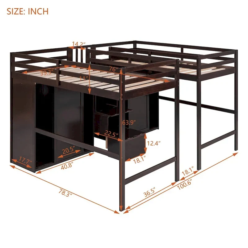 Double Twin Loft Beds with Wardrobes and Staircase