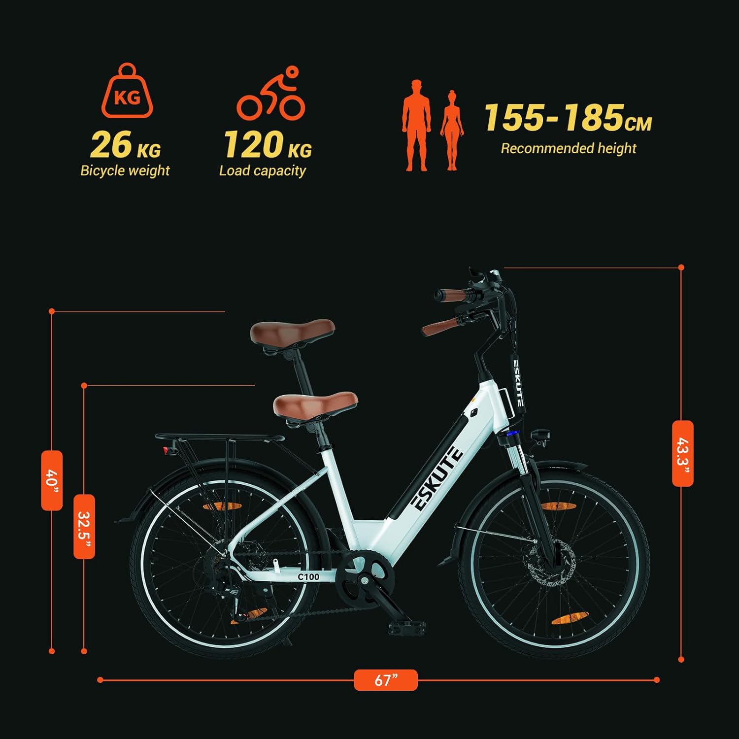 ESKUTE Electric Bike 500W Peak 375WH Removable Battery Commuter Ebike, 26 inch 20MPH 7 Speed Electric Ebikes for Adults