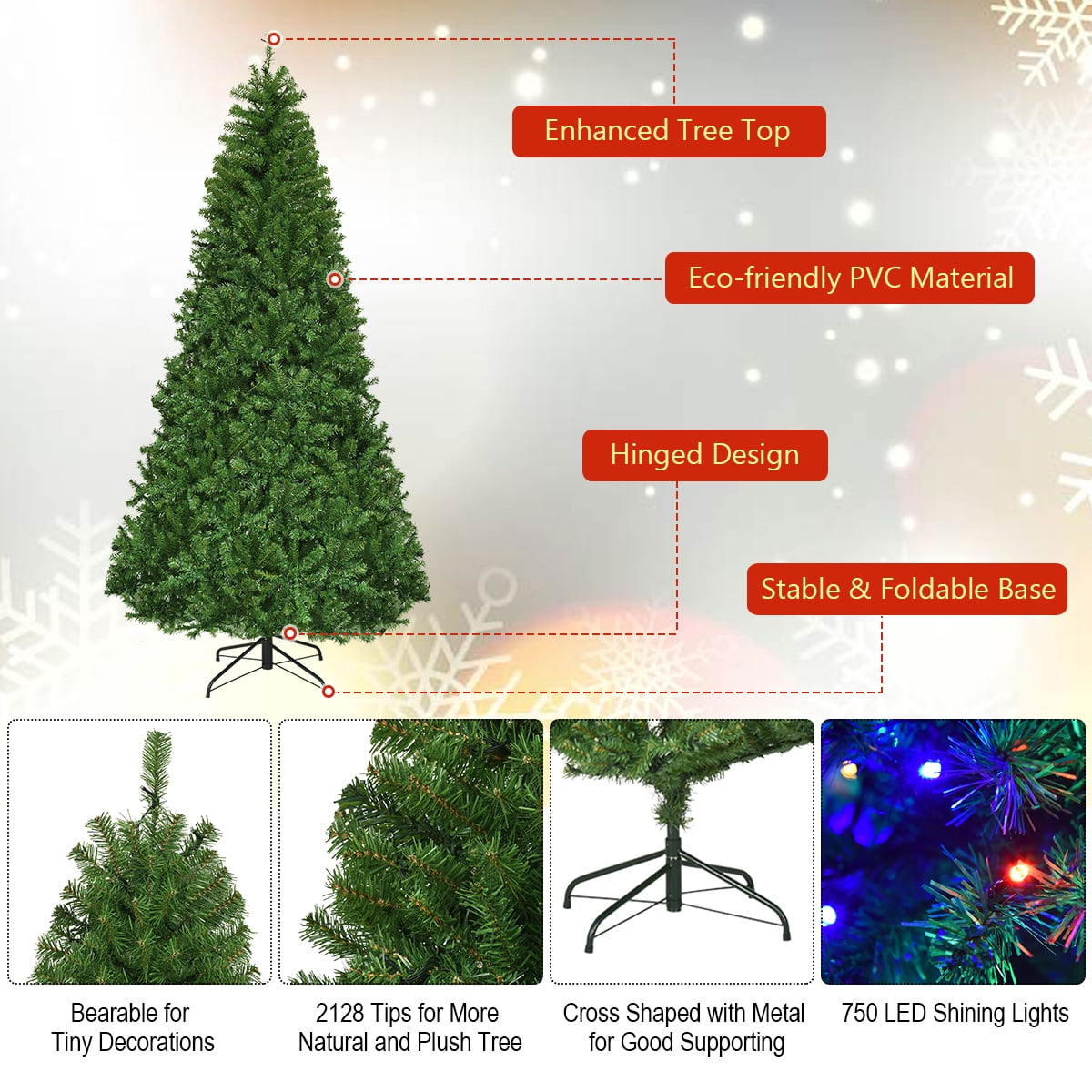Costway 8Ft Pre-Lit Artificial Christmas Tree Hinged 750 LED Lights