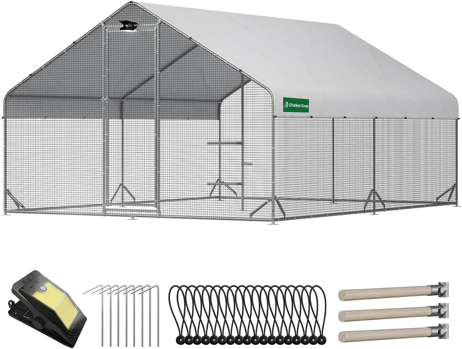 Large Walk-in Metal Chicken Coop with Run, Solar Light, UV Cover