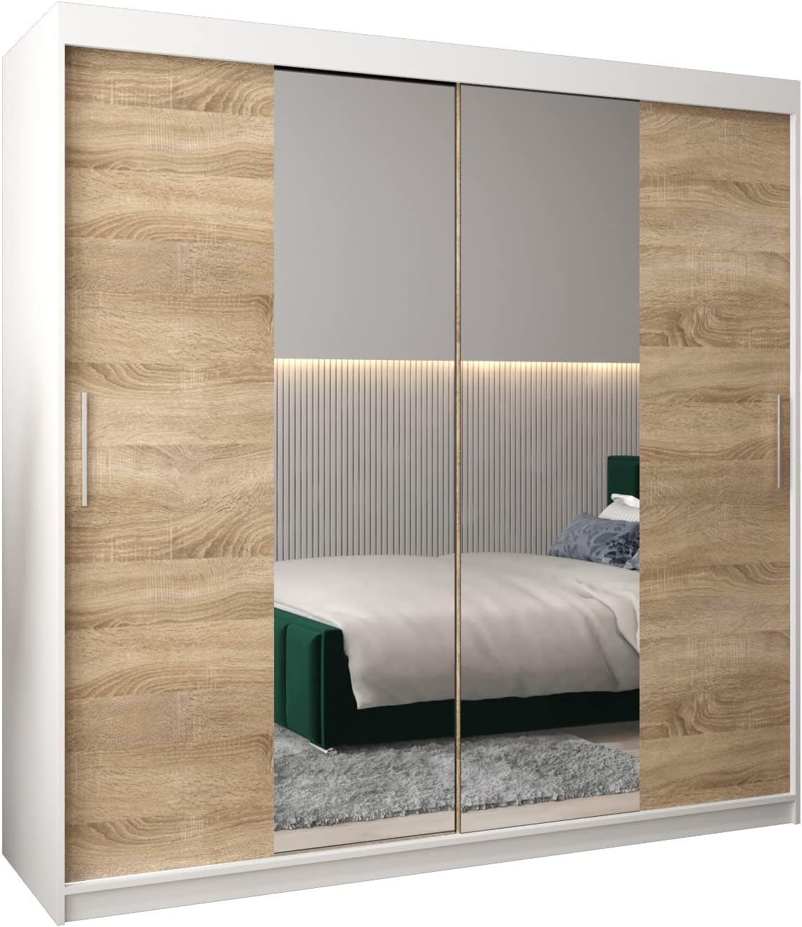 ABIKSMEBLE Tokyo 1 200 Armario de Dormitorios con Tres Puertas Correderas - Armario de Almacenamiento Moderno con Espejo, Perchero y Estantes - 200x200x62 cm - Matt White + Sonoma