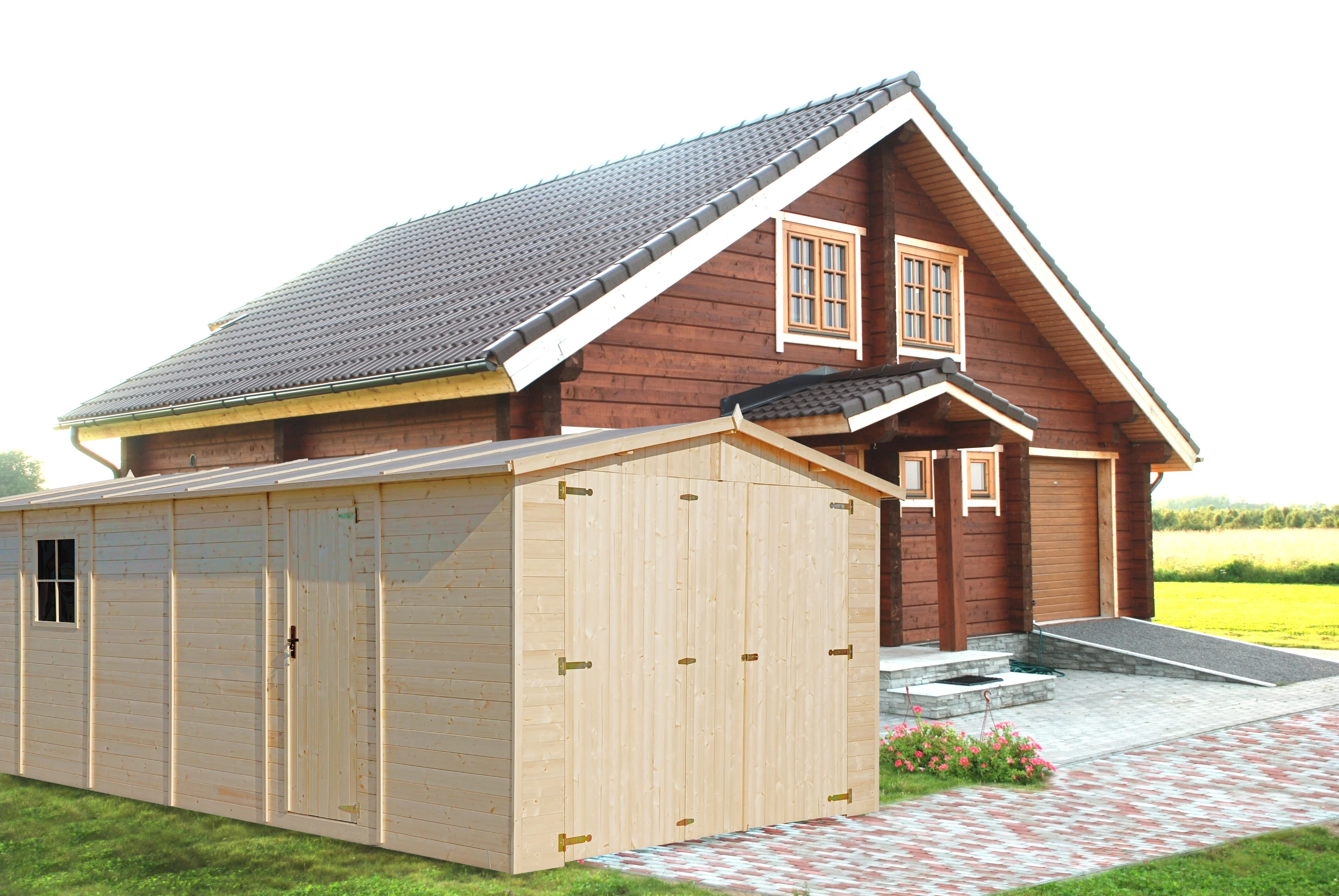 GARAJE de madera 18 m² - trastero con ventanas - A222x616x324 cm - construcción de paneles de madera natural - Taller de jardinería - TIMBELA M102