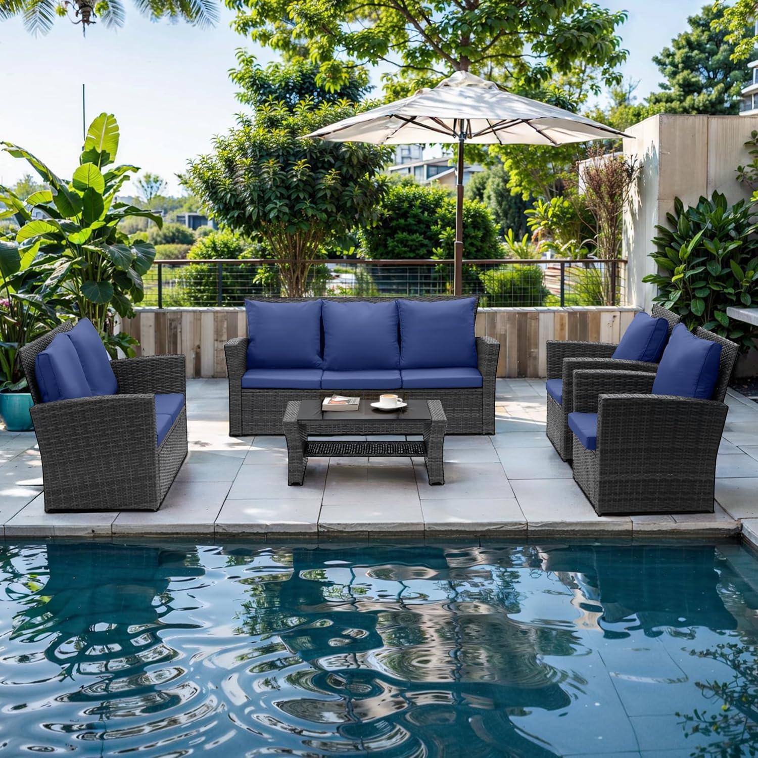 Wisteria Lane 4 Piece Outdoor Patio Furniture Sets, Wicker Conversation Set for Porch Deck, Grey Rattan Sofa Chair with Cushion ??Blue