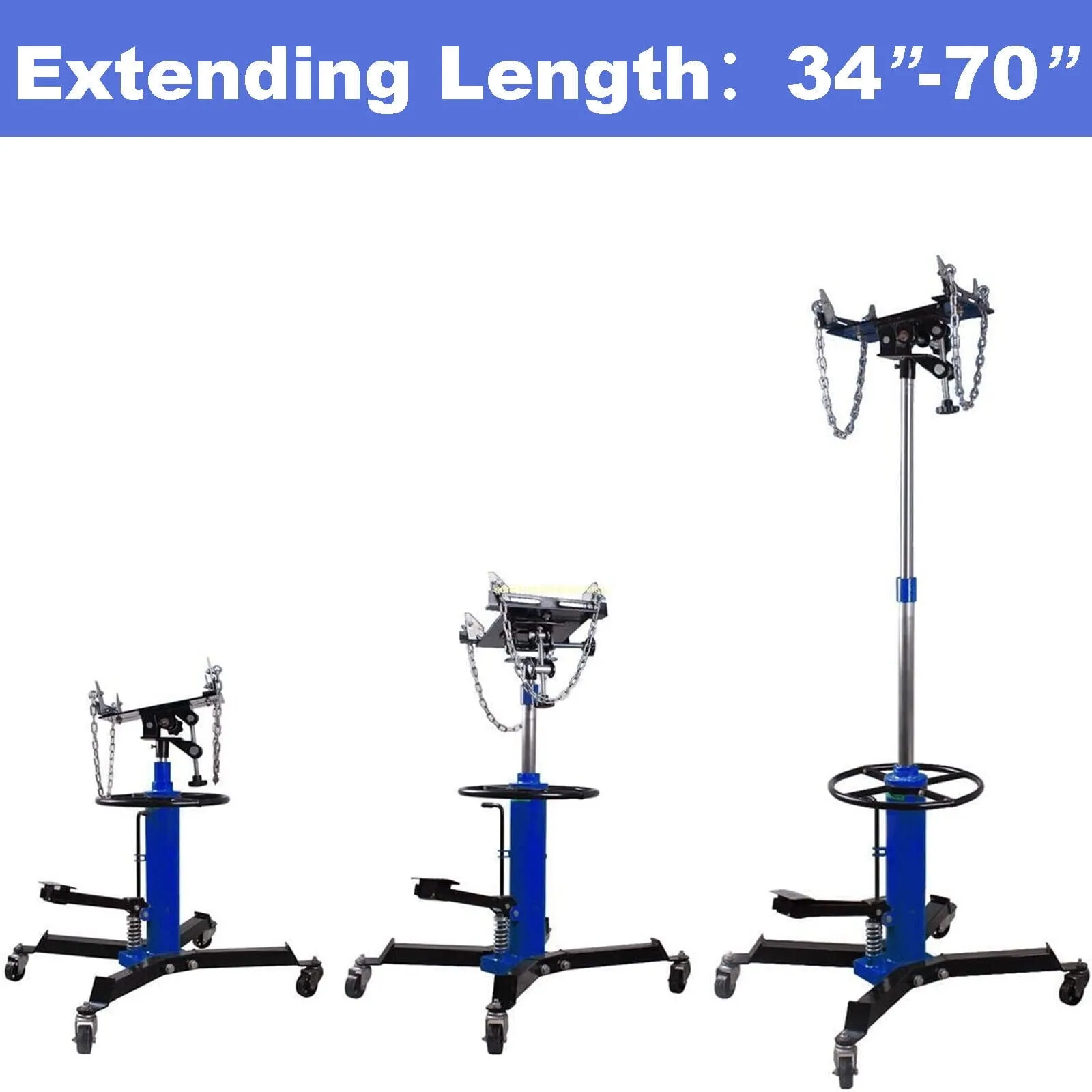 Gato hidráulico vertical para transmisión de vehículos, capacidad de 0,75 toneladas (1660 lb), altura de elevación de 84 a 178 cm, ruedas giratorias de 360° y pedal, color azul