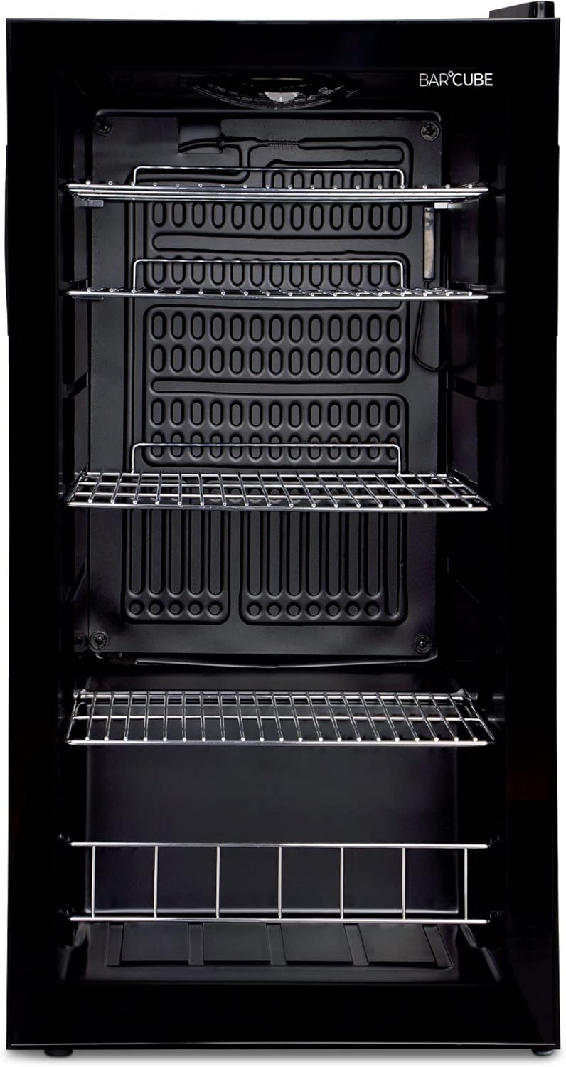 °CUBES Getränkekühlschrank 90L mit Glastür & 4 variablen Ablagen | Kompakter Flaschenkühlschrank, perfekt für zu Hause, Büro, Partys & Gastro | Stilvoller Kühlschrank mit Glastür, schwarz