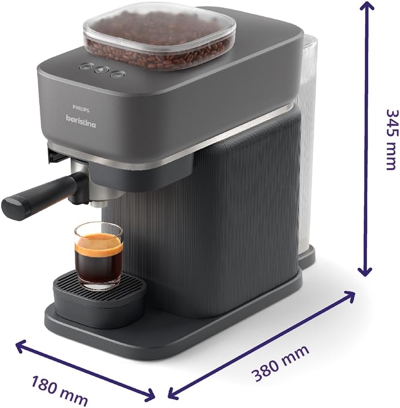 Baristina Espressomaschine und Milchaufschäumer Paket –Automatisches Mahlen, Tampen & Brühen, 16 Bar, Kaffeemaschine mit Mahlwerk & Siebträger, leichte Reinigung, Schwarzgrau (BAR308/60)