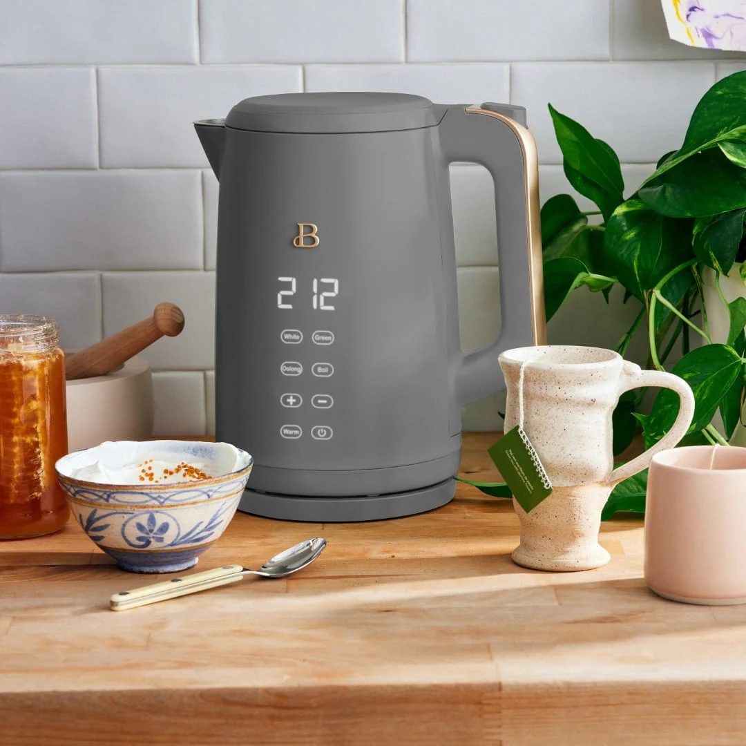 Beautiful 1.7-Liter Electric Kettle 1500 W with One-Touch Activation, Oyster Gray by Drew Barrymore