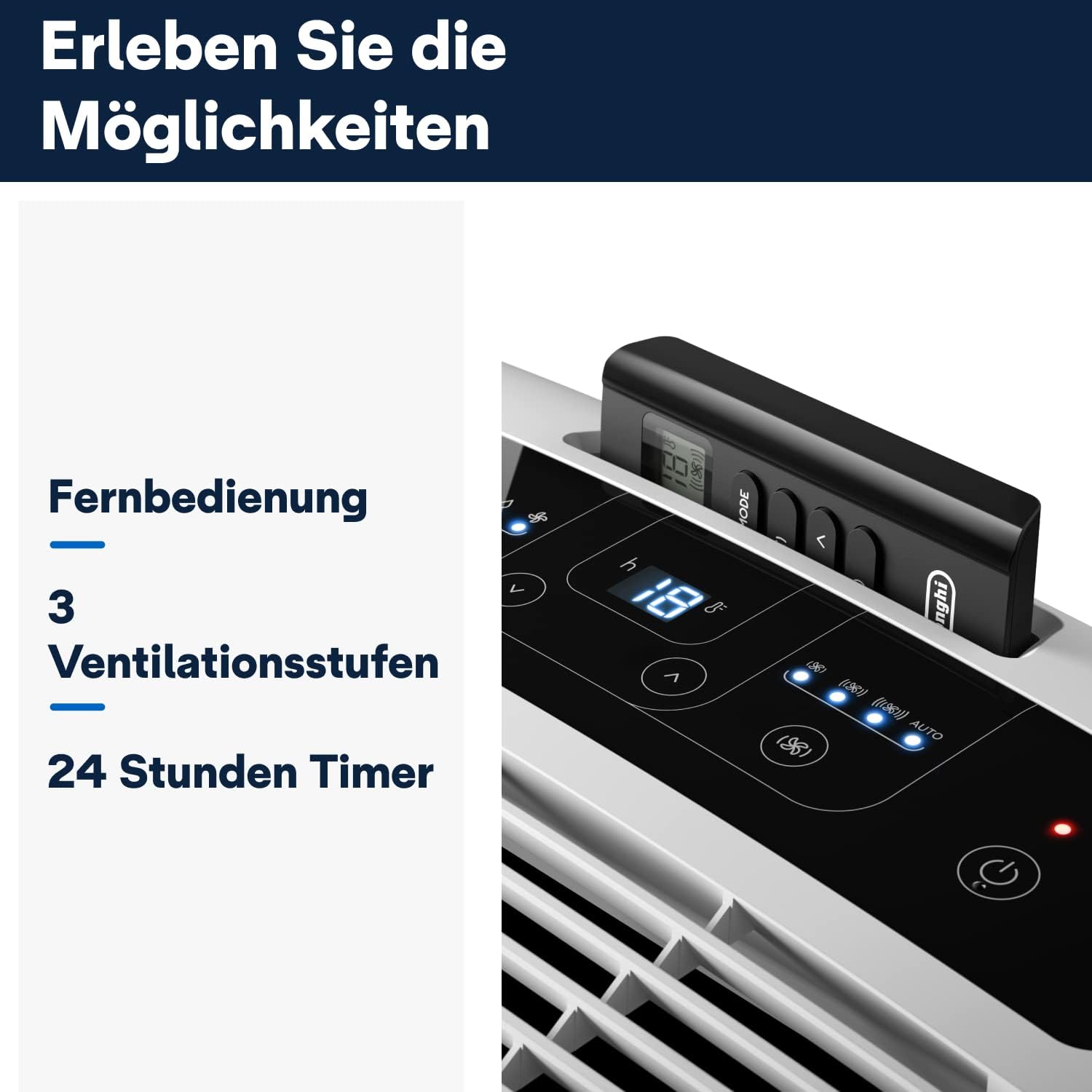 De'Longhi Pinguino PAC EM82, Mobile Klimaanlage für Räume bis zu 80 m³, 9.400 BTU, 2,4 kW, 63 dB, Entfeuchtungsfunktion, Energieklasse A, 24h-Timer, Weiß