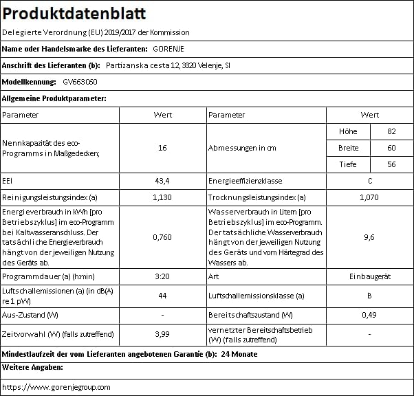 Gorenje GV663A66 Geschirrspüler/Einbaugerät FRONT NICHT ENTHALTEN/Made in EU/60 breite/16 Maßgedecke/8 Programme/TotalDry/Nachtprogramm/Status LED Licht/EEK: A-10%/Einbaumaße (HxBxT): 82 x 60 x 55,5cm