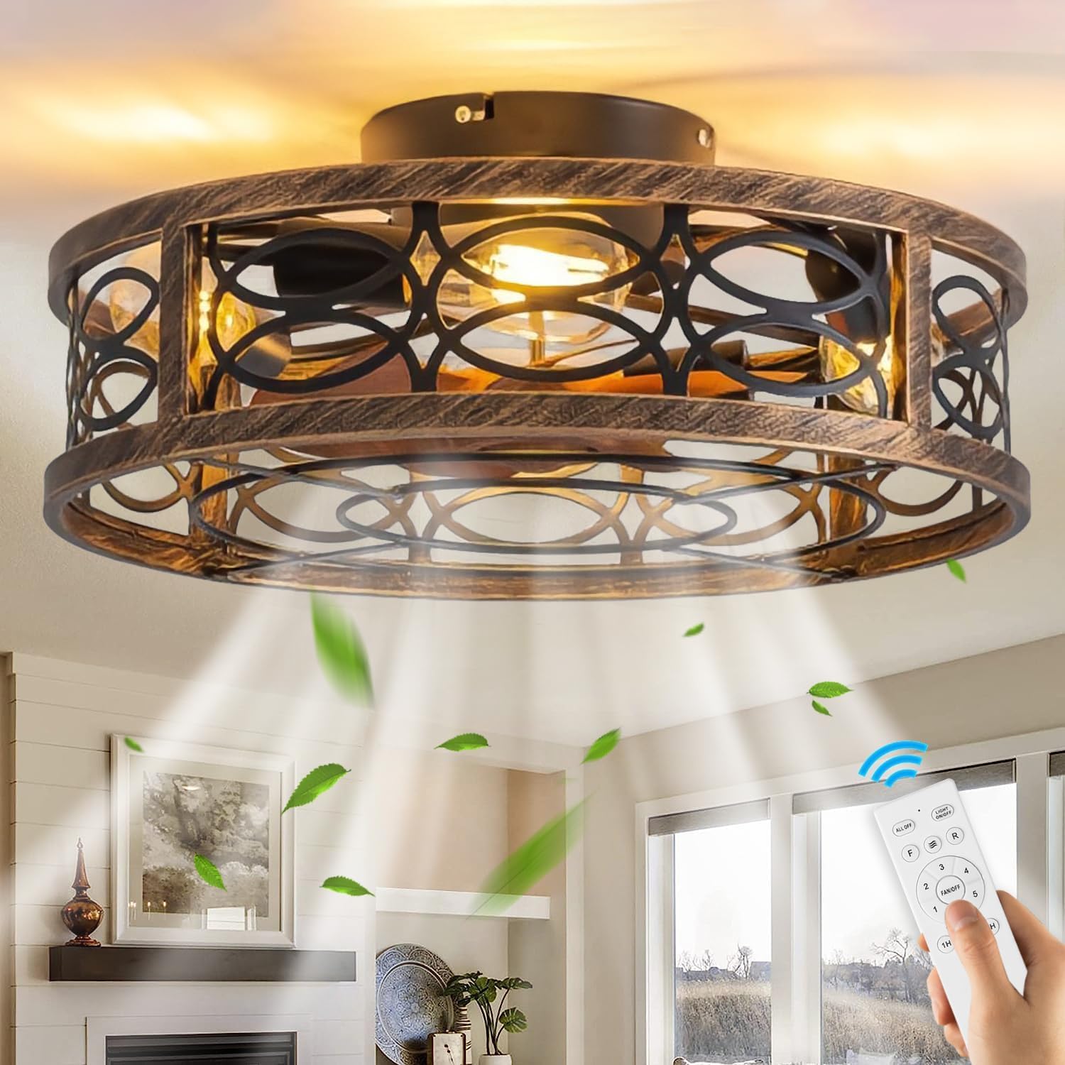 KZT Deckenventilator mit Beleuchtung und Fernbedienung Leise Ventilator Deckenleuchte Vintage Industrial Wohnzimmerlampe E27 Retro Käfig Fan Deckenlampe für Wohnzimmer Schlafzimmer Küche Lüfter Licht