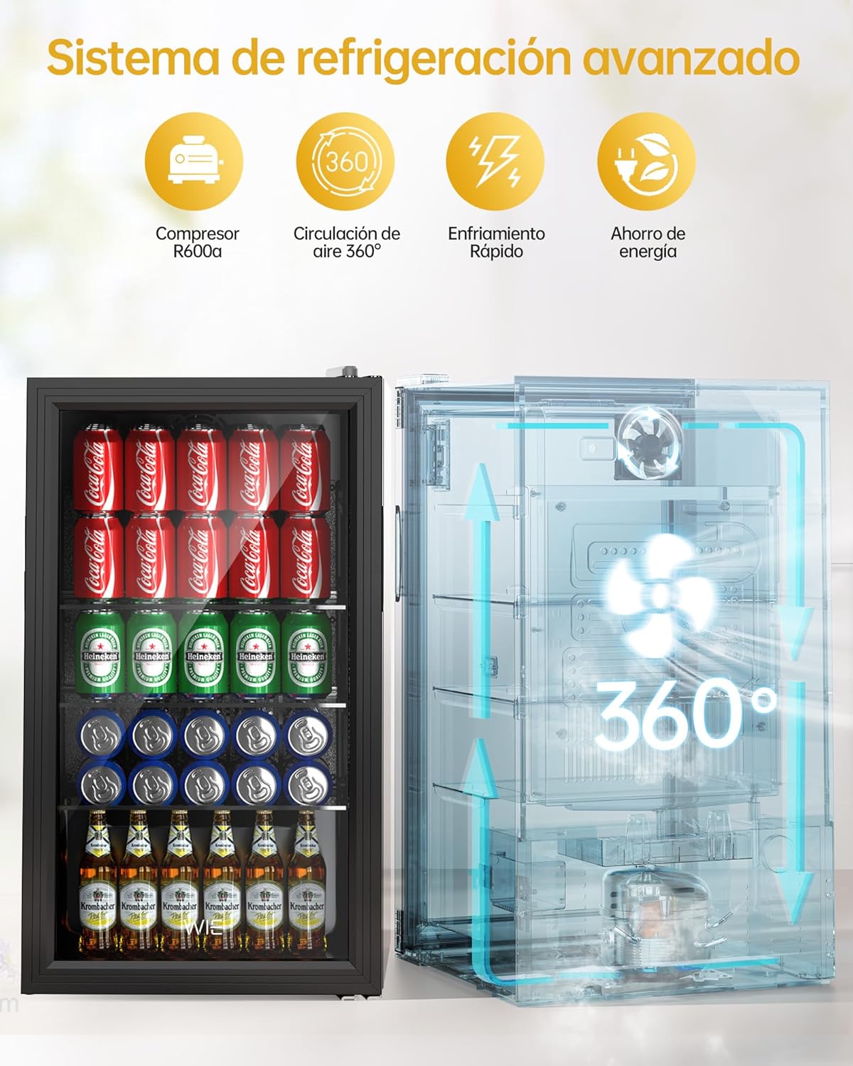 WIE Nevera Pequeña, Refrigerador de Bebidas con Puerta de Vidrio, 3 Estantes Ajustables, Control Inteligente, Puerta Reversible, Frigorificos Pequeños para Inicio/Bar/Oficina/Hotel (Negro 86L)