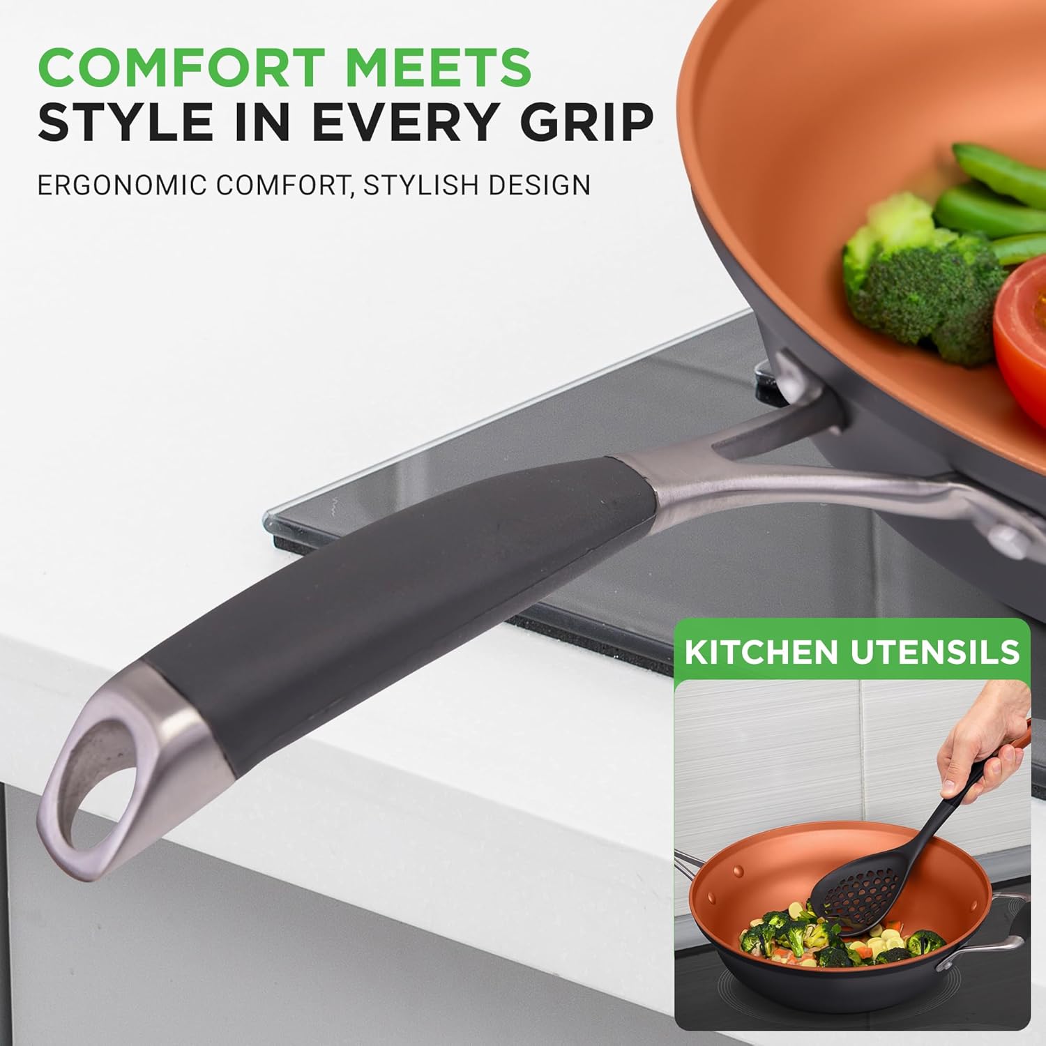 14-Piece Copper Non-Stick Cookware Set Stackable Pots and Pans with Lids, 3-Layer Coating, All Cooktop Compatible, Healthy Food-Grade Copper