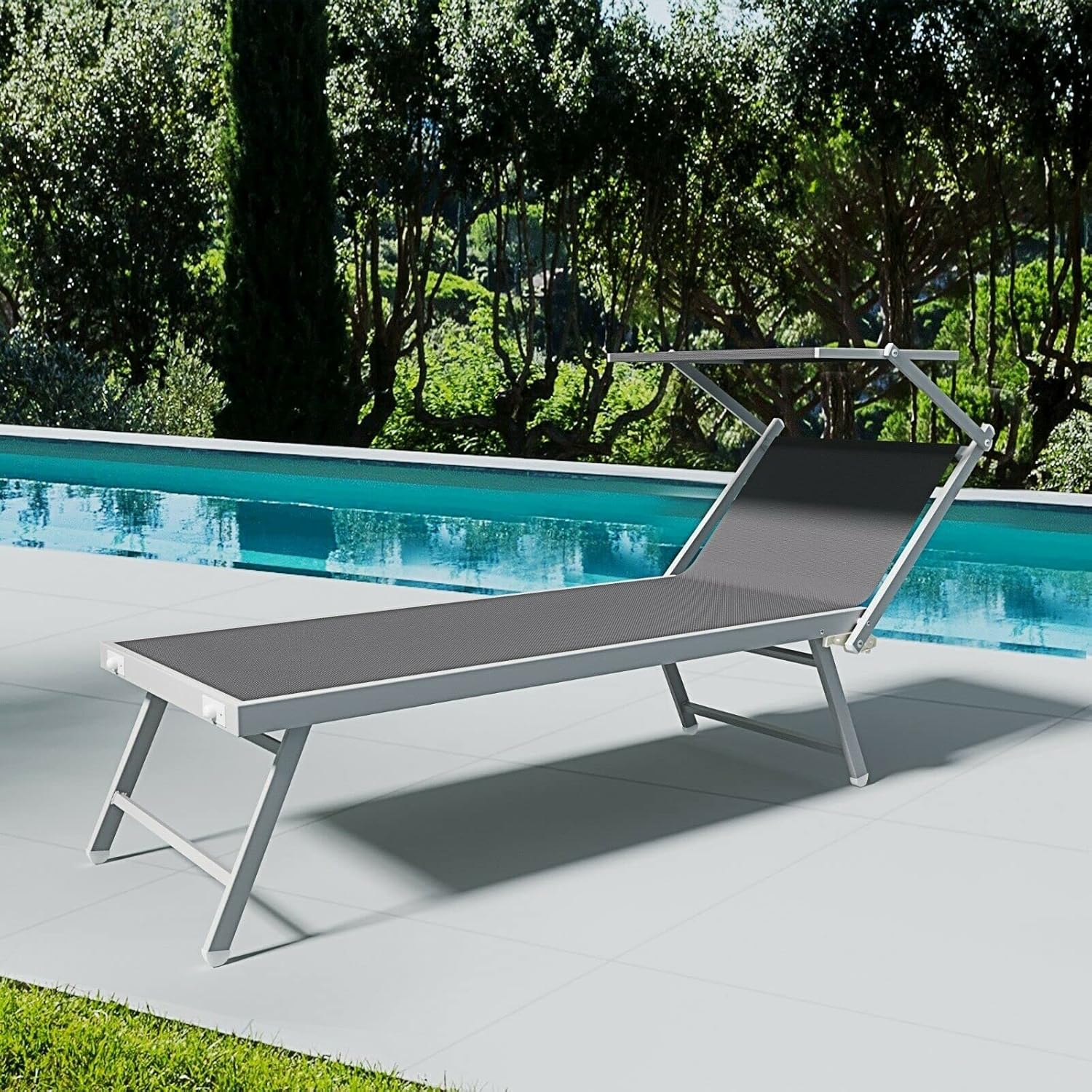 Coppia Di Lettini Prendisole 720 gr/m² Pieghevole Professionale In Alluminio Tettuccio Orientabile Parasole Sdraio Lettino Prendi Sole Mare Spiaggia Piscina Giardino 182 x 60 x 38 cm (Grigio Scuro)
