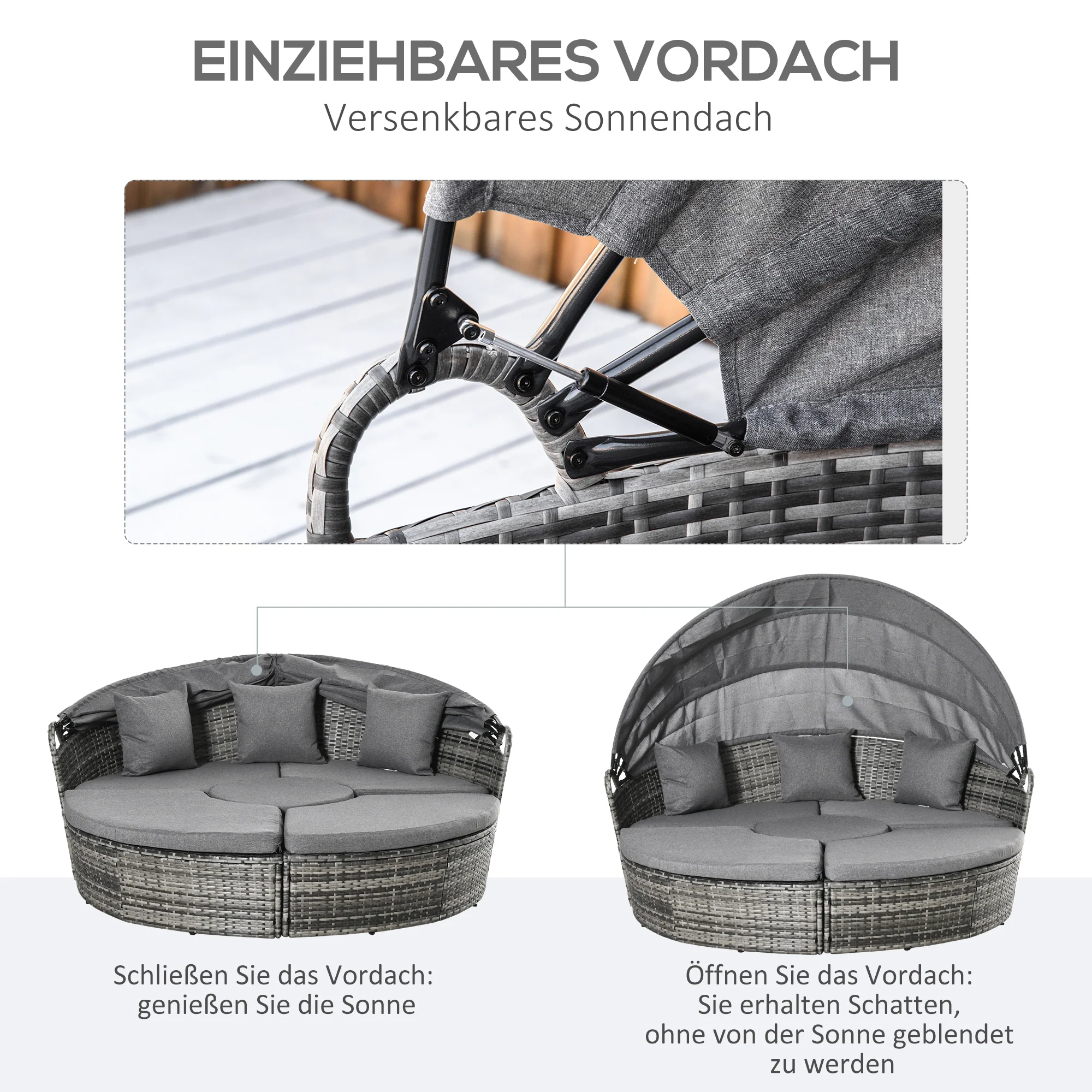 Outsunny rotan zonne-eiland met zonnekap bijzettafel in hoogte verstelbaar grijs