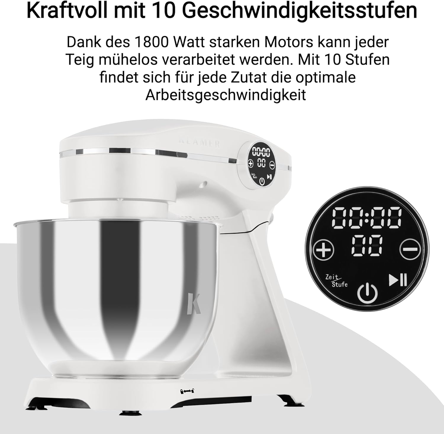 KLAMER Küchenmaschine 1800W, Knetmaschine mit 6 Liter Edelstahl Schüssel, 10 Geschwindigkeitsstufen mit Timer, Rührbesen, Knethaken, Schneebesen und Spritzschutz
