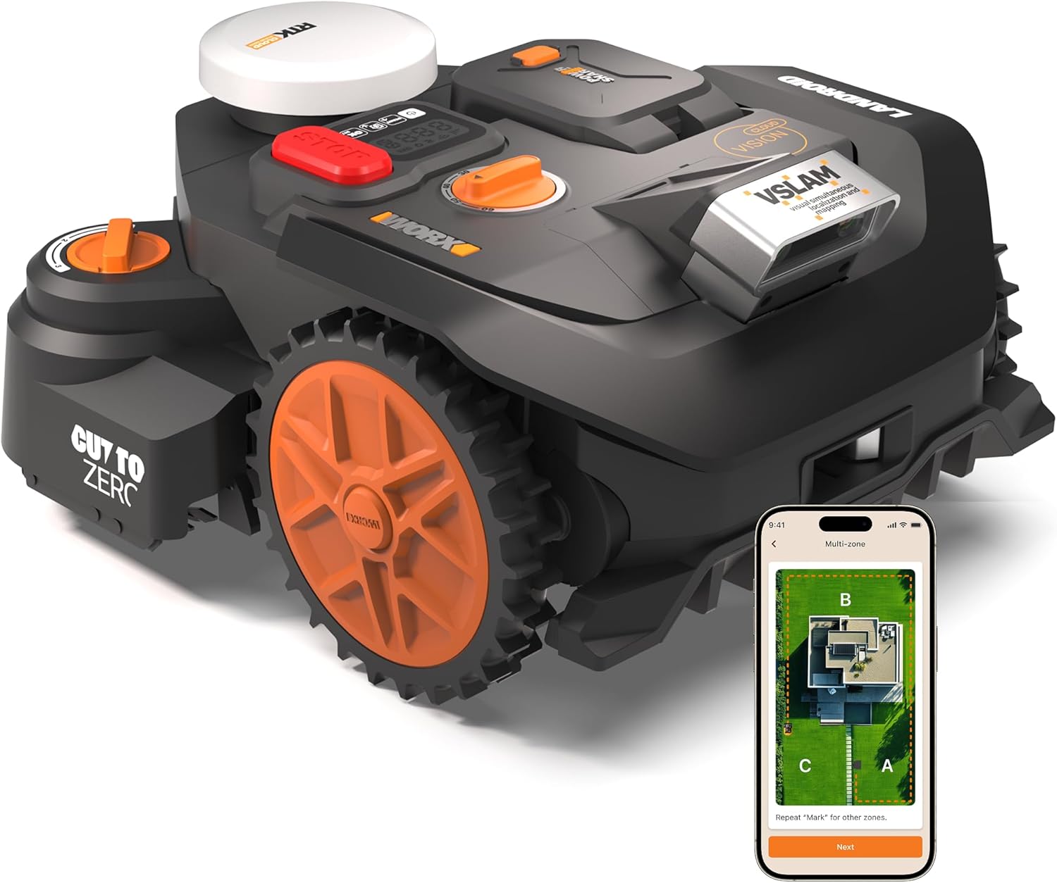 WORX Landroid Vision Cloud WR306E 2WD Mähroboter ohne Begrenzungskabel für 600 m² (KI-Hinderniserkennung, VSLAM+ RTK Cloud Navigation, Auto-Mapping, App-Steuerung, Cut-to-Zero)