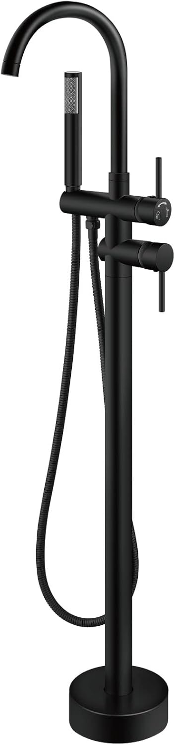 Aolemi Floor Mount Bathtub Faucet Freestanding Tub Filler Standing High Flow Shower Faucets Shower Mixer Taps, Swivel Gooseneck Spout with Cylinder Handheld Matte Black