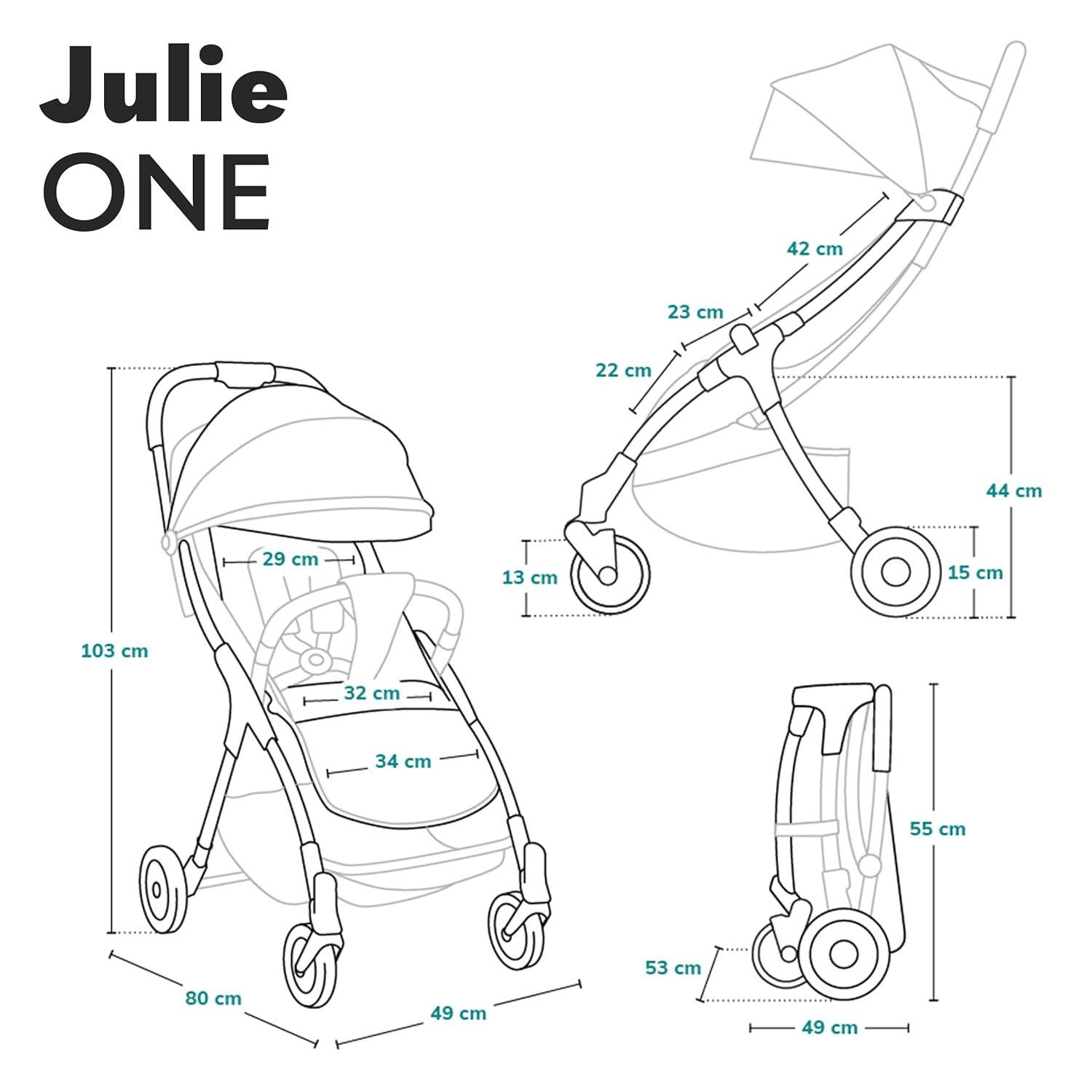 LIONELO Julie One Buggy Kinderwagen bis 22 kg, verstellbare Rückenlehne und Fußstütze, Moskitonetz, Beinwärmer, Getränkehalter und Transporttasche, zusammenklappbar