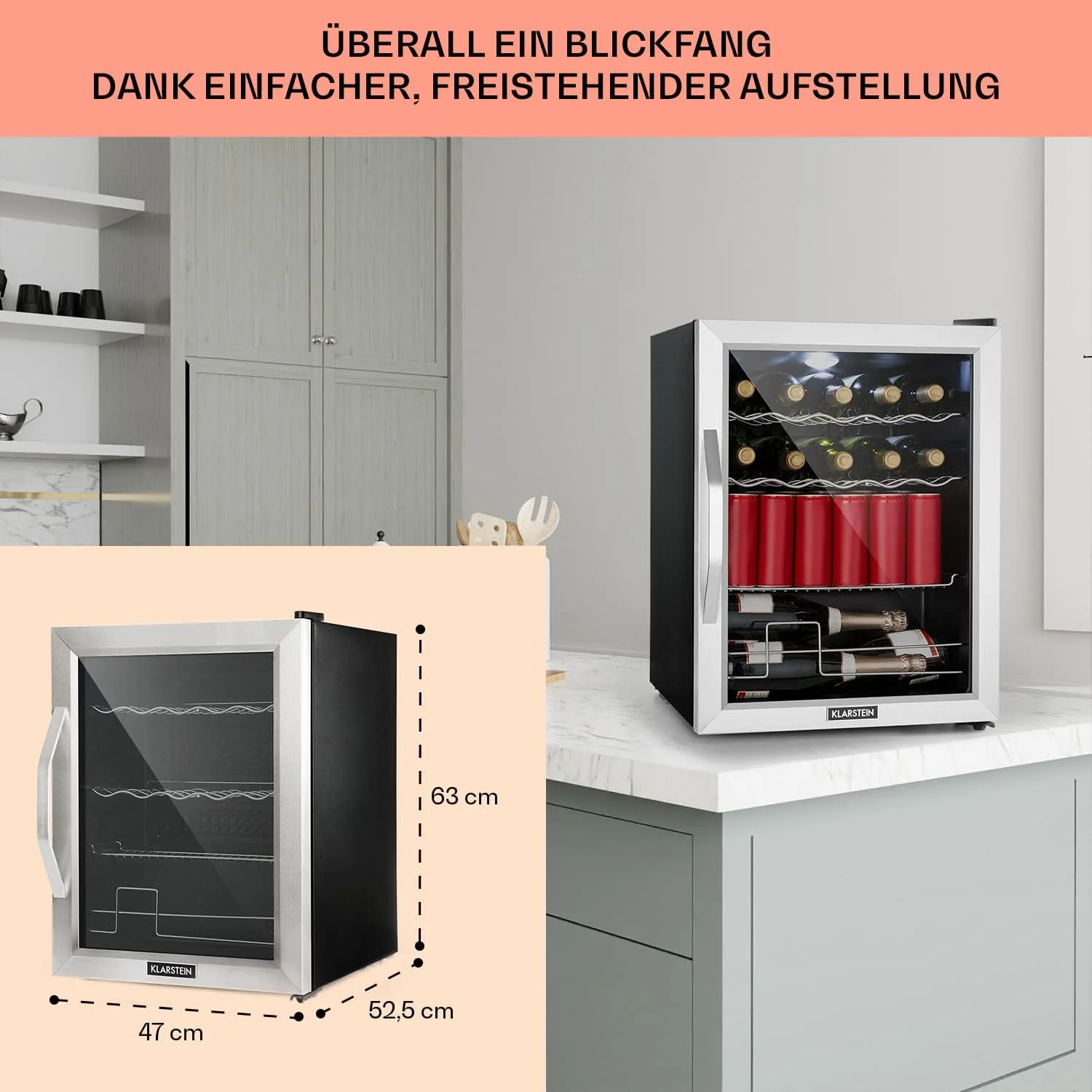 Klarstein Mini Koelkast met Glazen Deur voor Kamer, Drankenkoelkast met Verstelbare Planken, Klein 80 Liter, Indoor/Outdoor Koelkast Stil