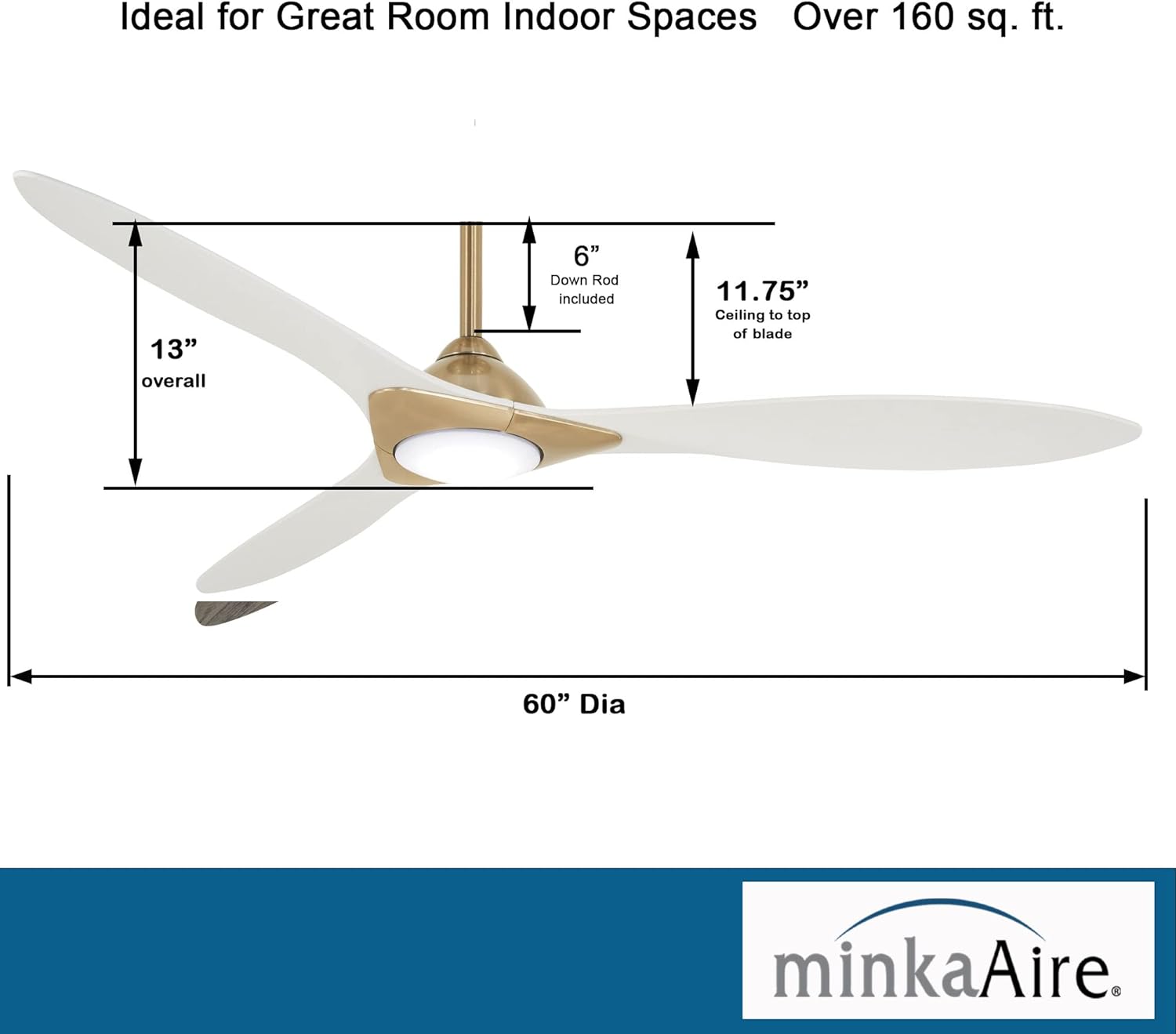 Minka-Aire Sleek 60′′ Ceiling Fan, Soft Brass/White, LED, Smart Remote/App Control, Energy Star Certified