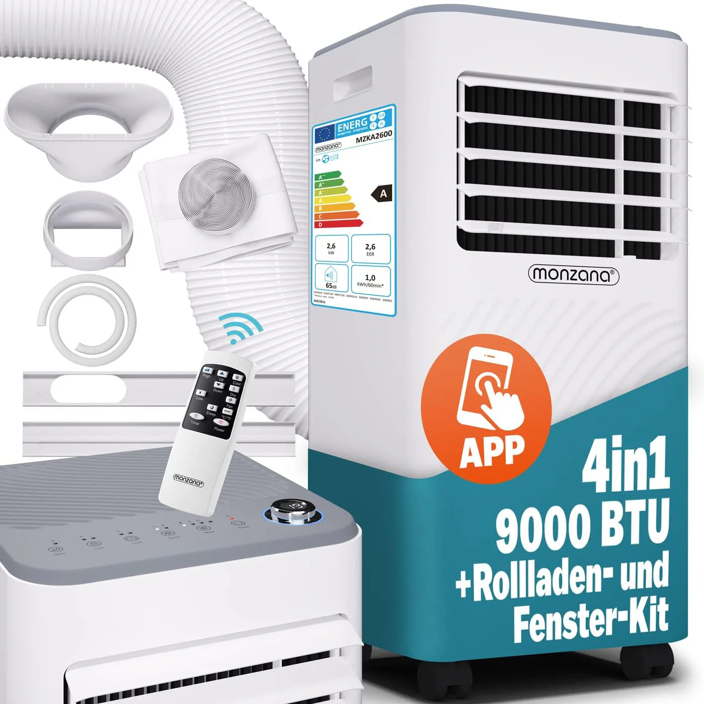Monzana mobiele airconditioner MZKA2000 afvoerslang 7000BTU 3-in-1 750W 24h timer 25m2 afstandsbediening ontvochtiger rolluikkit airco