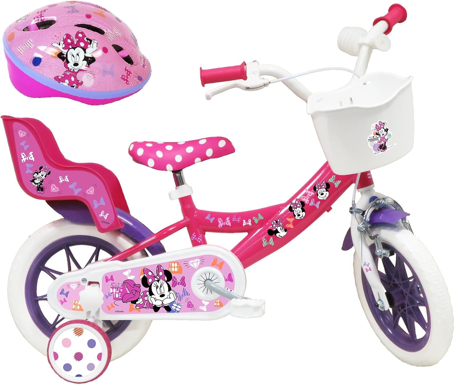 Bicicletta da Bambino 12' Dotata di 1 Freno, Cestino Anteriore, Porta Bambola Posteriore, parafanghi + Casco Incluso, 12