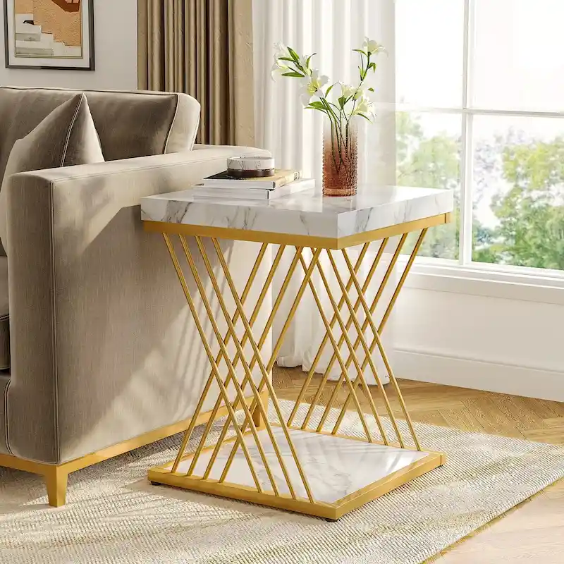 Modern Square End Table with Faux Marble Top and Metal Base