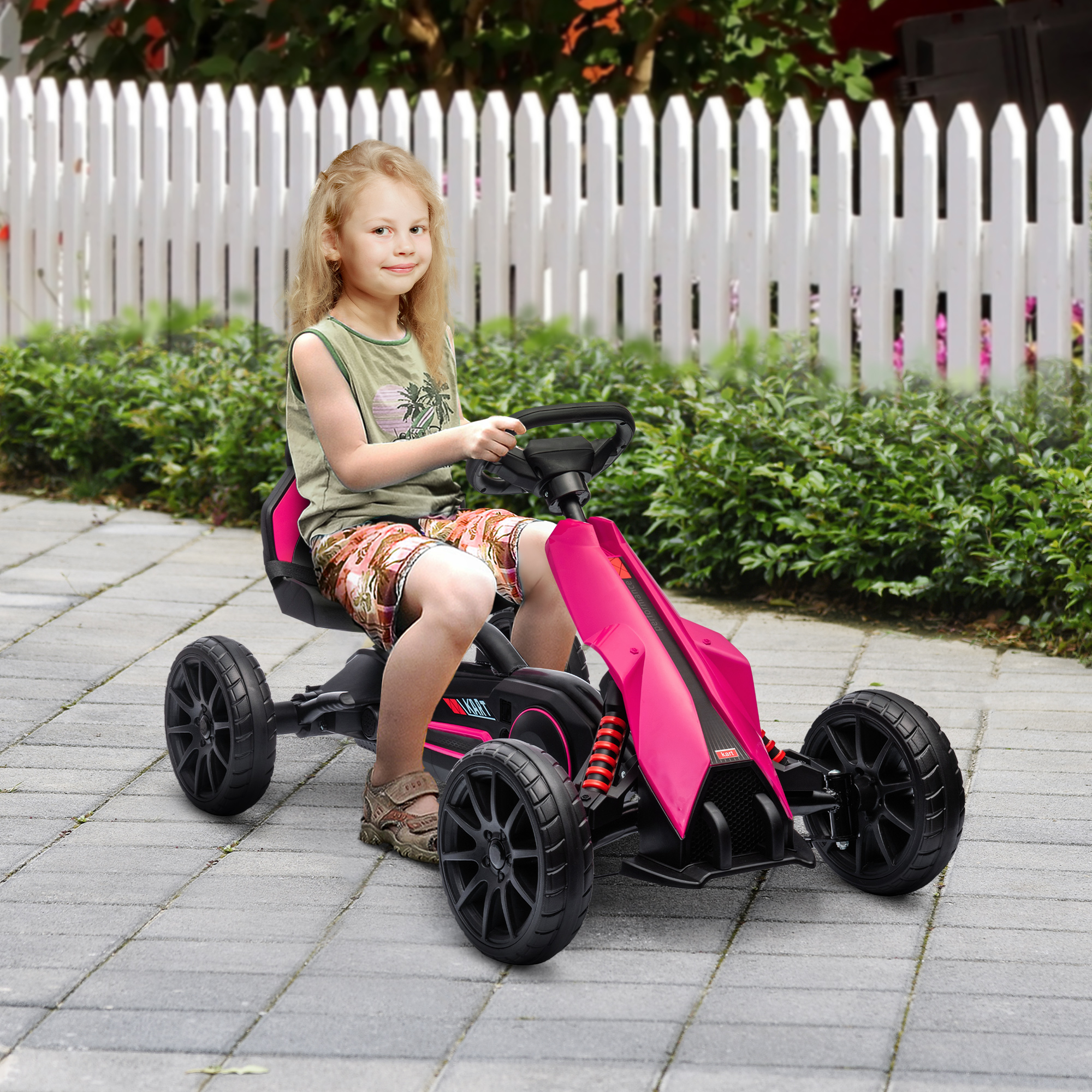 Go-Kart voor Kinderen met Verstelbare Stoel, Trapvoertuig, Trapauto met Handrem, 3-8 Jaar, Outdoor, Roze