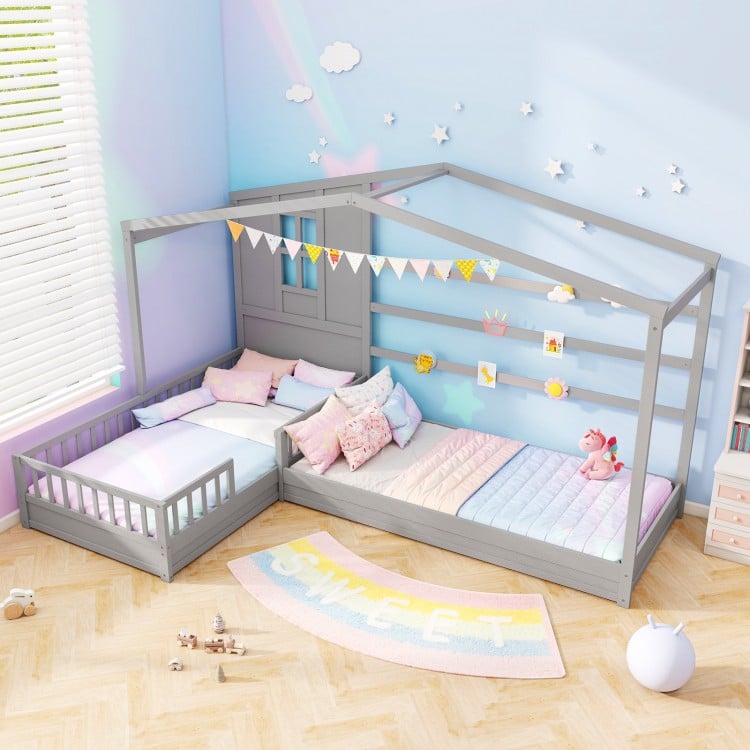 L-shaped Double Twin Beds House Platform Beds with Fences Corner Bed Frame