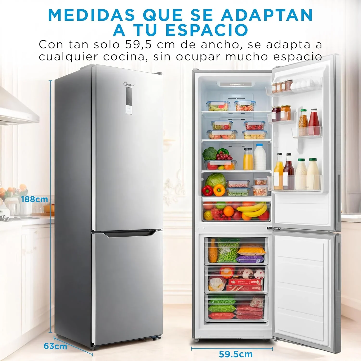 2026 Midea Frigorífico Combi No Frost | 60 cm ancho x 188 alto cm | Inox | Nevera libre instalación 224 L + 86 L Congelador - Refrigerador de bajo consumo con congelador vertical