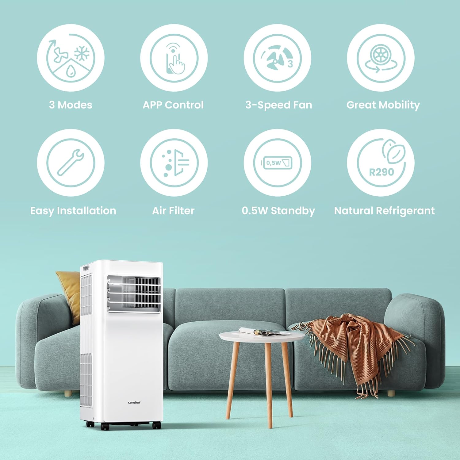 Comfee Mobiles Klimagert Easy Cool 2.0, 7000 BTU 2,0kW, Kühlen&Ventilieren&Entfeuchten, Raumgre bis 68m(25㎡), APP-Steuerung/Alexa/Google Home/IFTTT, Mobile Klimaanlage mit Abluftschlauch