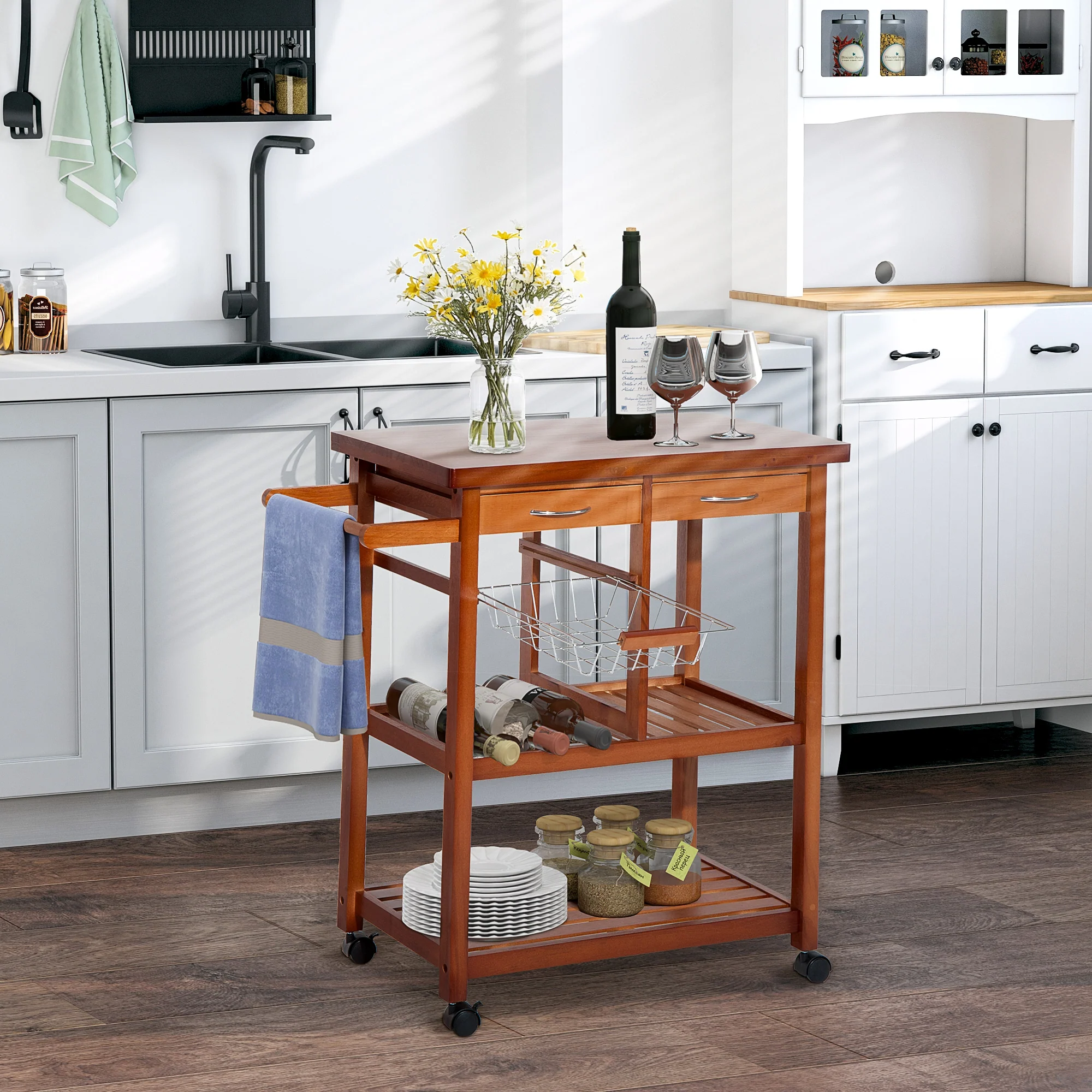EasyComfort Carrello Portata da Cucina in Legno con Portabottiglie, Cestello, 2 Ripiani, 2 Cassetti, Legno di Pino, Resistente, Agevole, Versatile, 84.5x37.2x85cm