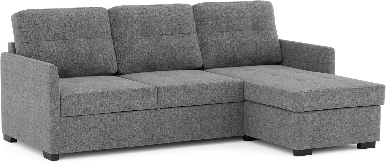 BUDWING Enzo 4 Seater Corner Sofa Bed – Reversible Chaise Longue, Storage Chest and Reclining Backrest – Contemporary Style, 100% Polyester Fabric – 230 x 147 x 94 cm – Grey