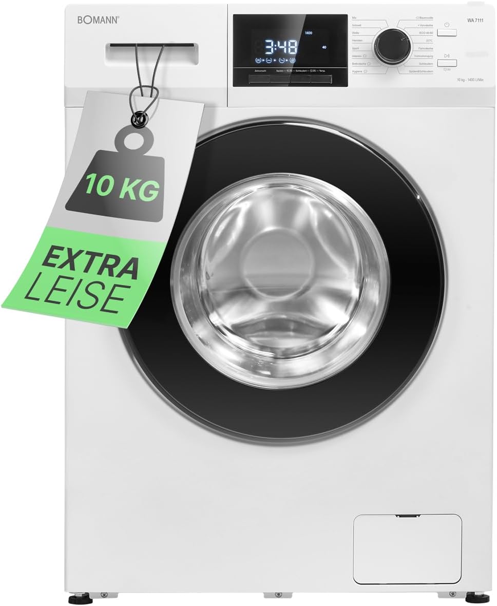 Bomann® Waschmaschine 10kg | max. 1400 U/min | 10 Jahre Motor-Garantie | effizienter, leiser & langlebiger Invertermotor | 15 Programme | Endzeitvorwahl | LED-Display | Washing Machine WA 7110
