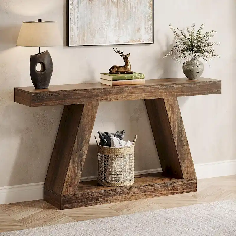 55-Inch Farmhouse Wooden Console Sofa Table with Storage - Dimensions: 11.81