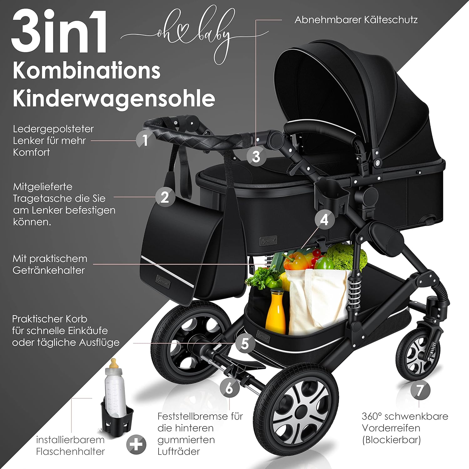 KESSER® Loops 3 in 1 Kinderwagen Kombikinderwagen Komplett-Set inkl. Babywanne & Buggy Sportsitz & Auto-Babyschale Voll-Gummireifen Wickeltasche Regenschutz Kindertisch ECE R129, Grau/Silber