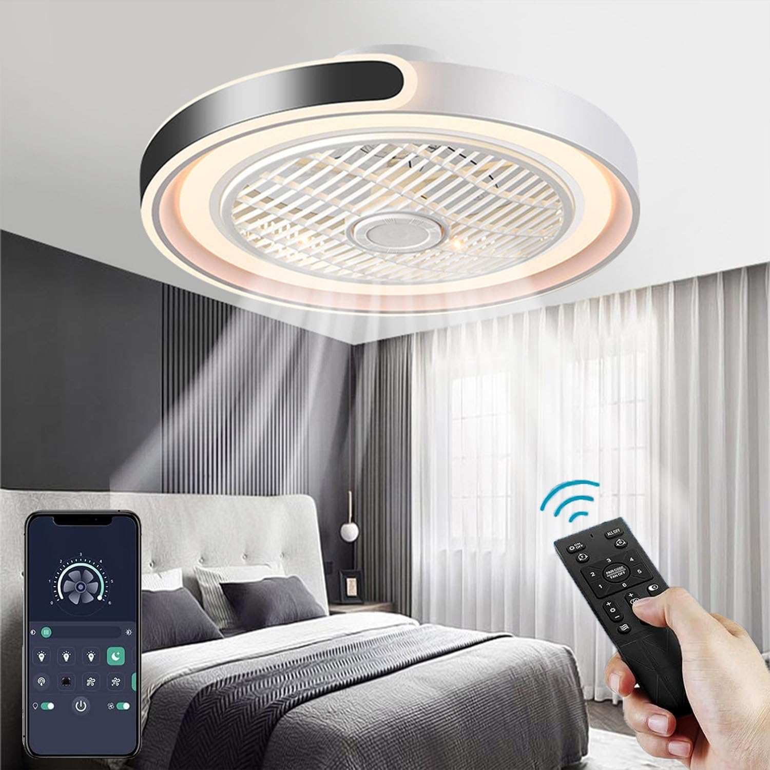 ASJK Deckenventilator mit Licht, Modern LED Dimmbar Deckenleuchte mit Ventilator und Fernbedienung Leise 72 W, 7200 lm, für Wohn, Schlaf- und Esszimmer, 6-Gang, Timer, Schwarz