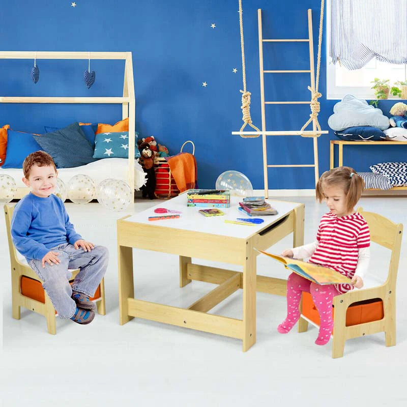 3-in-1 Kids Wood Table Chairs Set with Blackboard & Storage Drawers, Children Multi Activity Table for Learning Playing Drawing
