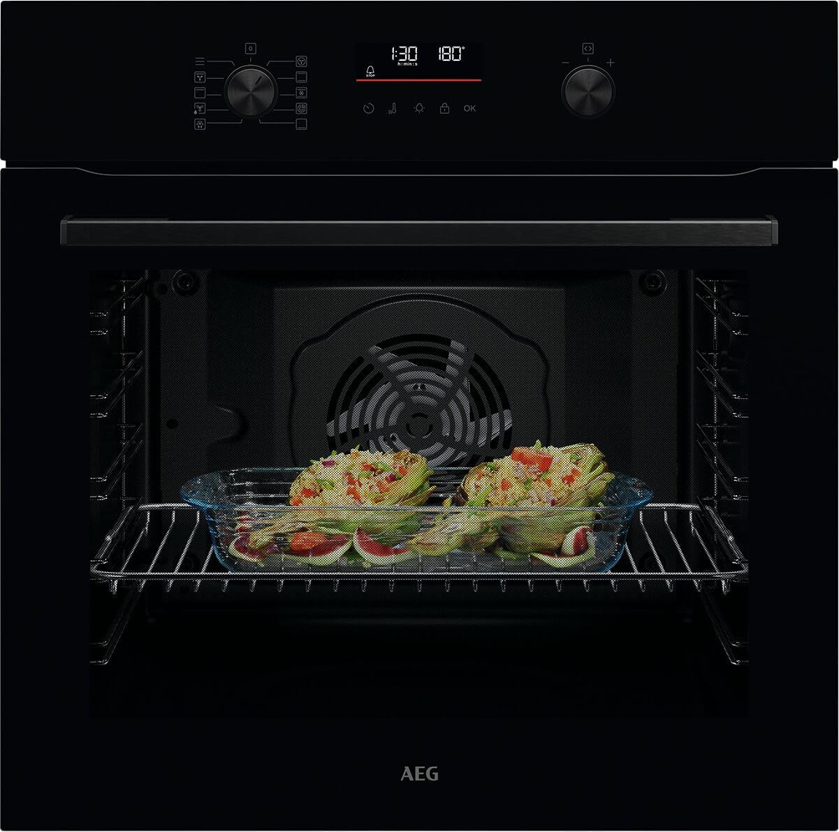 AEG Einbaubackofen – Serie 5 Ringheißluft: Gleichmäßige Garergebnisse auf 3 Ebenen – Pyrolyse Selbstreinigung – 25 Automatikprogramme – LED-Touchdisplay – Schnellaufheizung – Schwarz – BPE53516AB