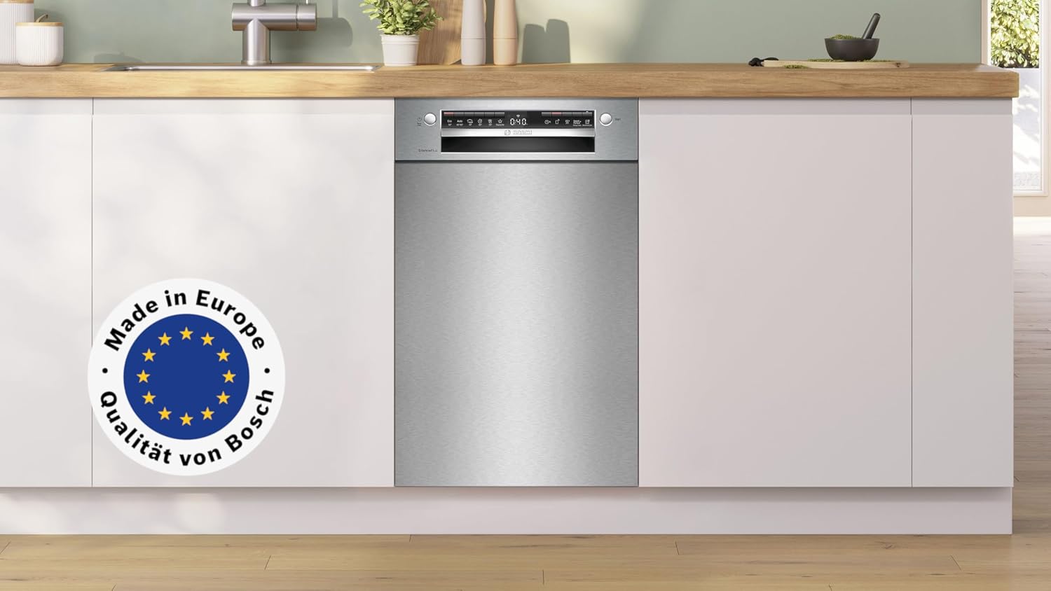 Bosch SPU4HMS10E, Serie 4, Smarter Unterbau-Geschirrspüler 45 cm, Besteckschublade, Extra Trocknen, SpeedPerfect Plus, hygienische Reinigung, Programmassistent, höhenverstellbarer Oberkorb, Edelstahl