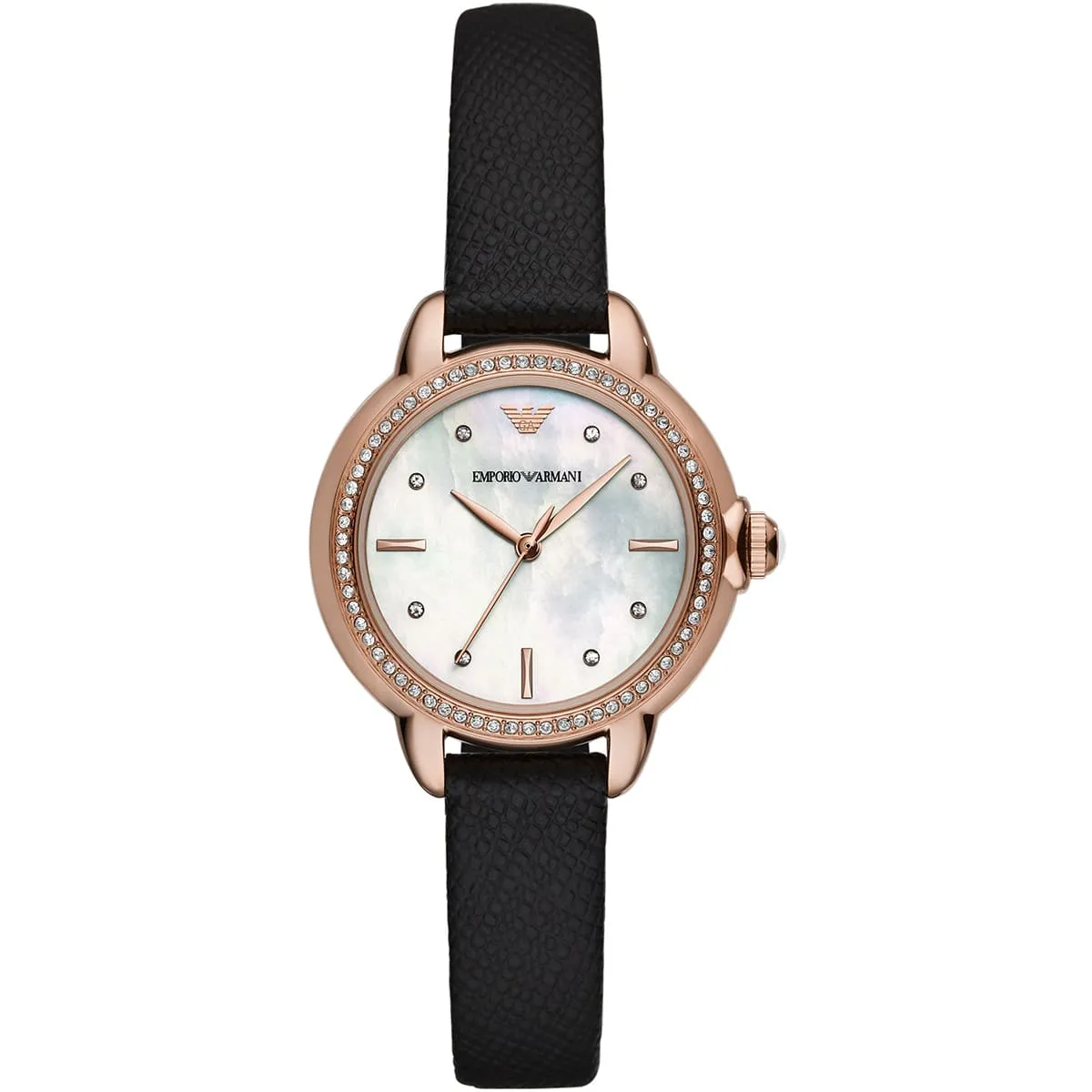 Emporio Armani Rosa MOP Dial Black Genuine Leather Women's Watch - AR11598