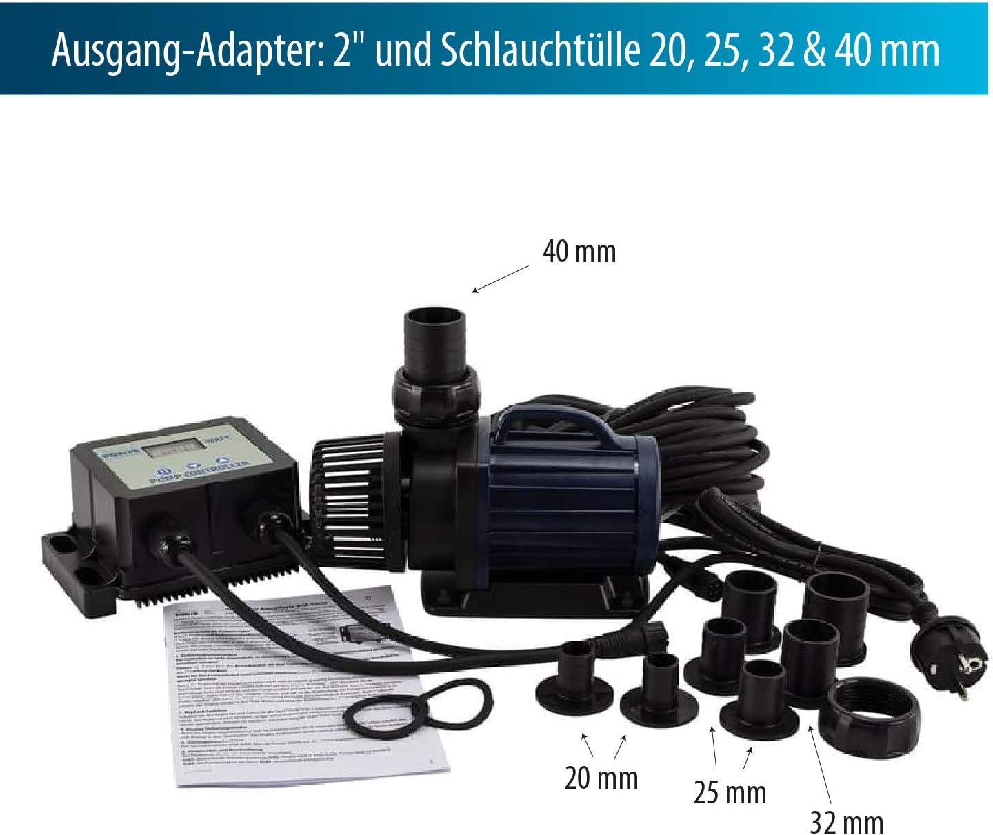 AquaForte Filter-/Teichpumpe DM-22.000 Vario S, 70-200W, Förderhöhe 7,5m, regelbar mit externem Controller. Ideal als Teichpumpe oder als Bachlauf- /Wasserfallpumpe.