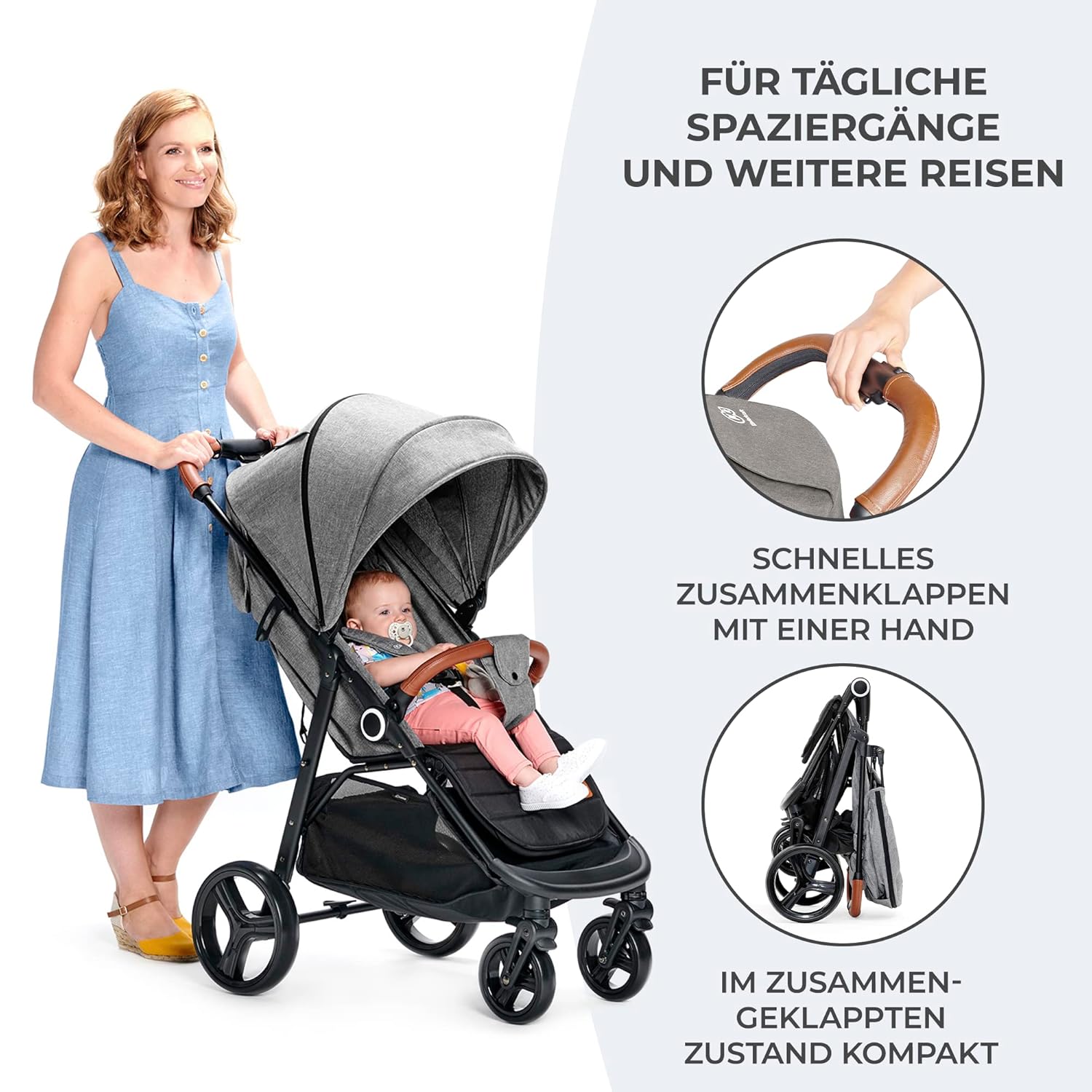 Kinderkraft GRANDE PLUS Kinderkraft buggy von Geburt bis 22 kg, Zusammenklappen mit einer Hand, Liegeposition, großes Verdeck mit Fenster, alle 4 Räder gedämpft, geräumige Sitz, Grau