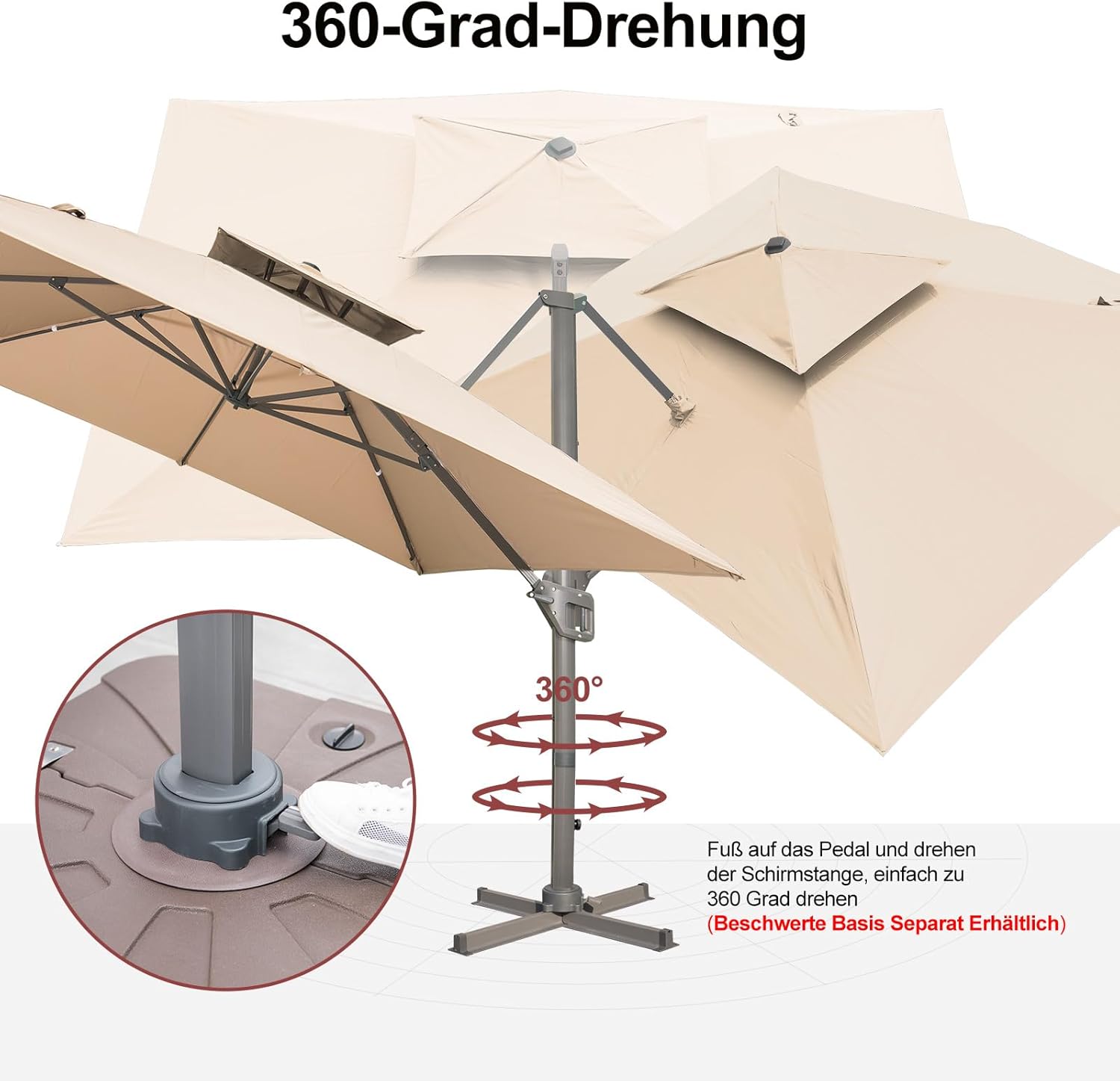 LKINBO Sonnenschirm 300 x 400 cm Rechteckig mit Ständer und Kurbel, Groß Ampelschirm Terrassenschirm 360°Drehbar Parasol Windfest Gartenschirm Wasserdicht Marktschirm für Garten Deck Outdoor, Khaki
