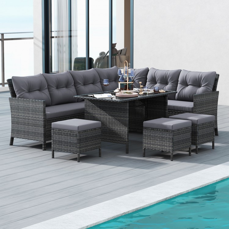 7 Pieces Patio Dining Furniture Set with Soft Cushions and Ottomans